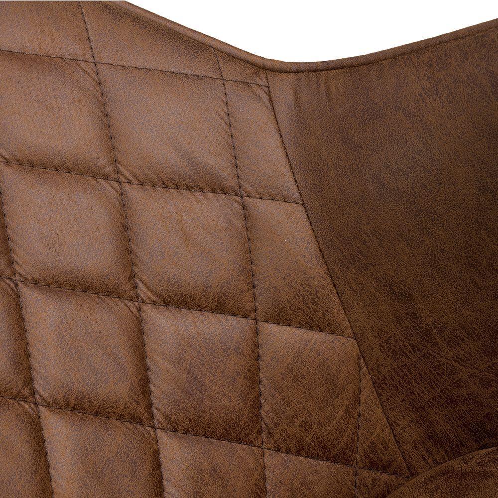 Close up of brown faux leather chair with quilted stitching detail on backrest