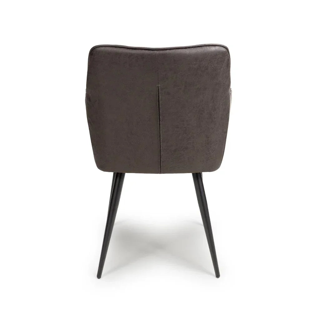 Back view of grey upholstered dining chair with tapered black legs