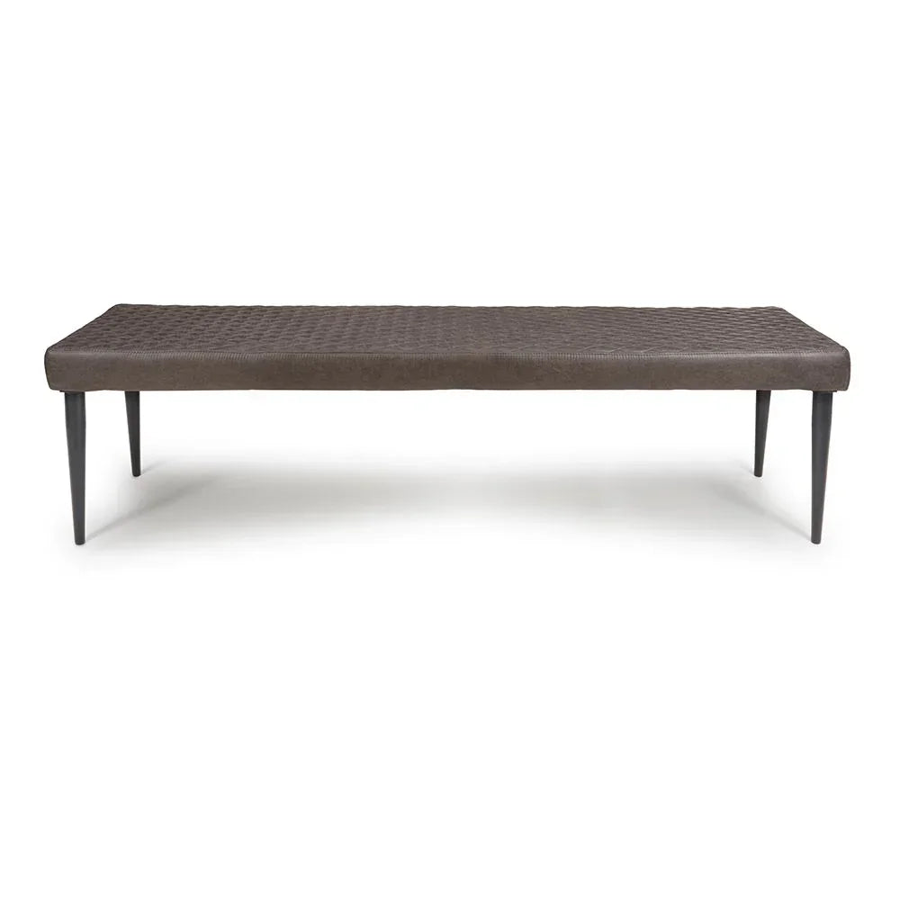 Dark brown upholstered bench with textured seat and slim black legs, front view