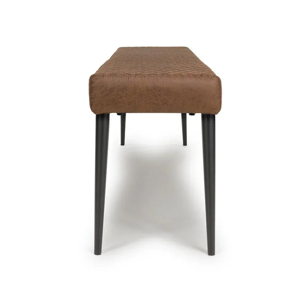 Brown faux leather bench with black metal legs, front angle view