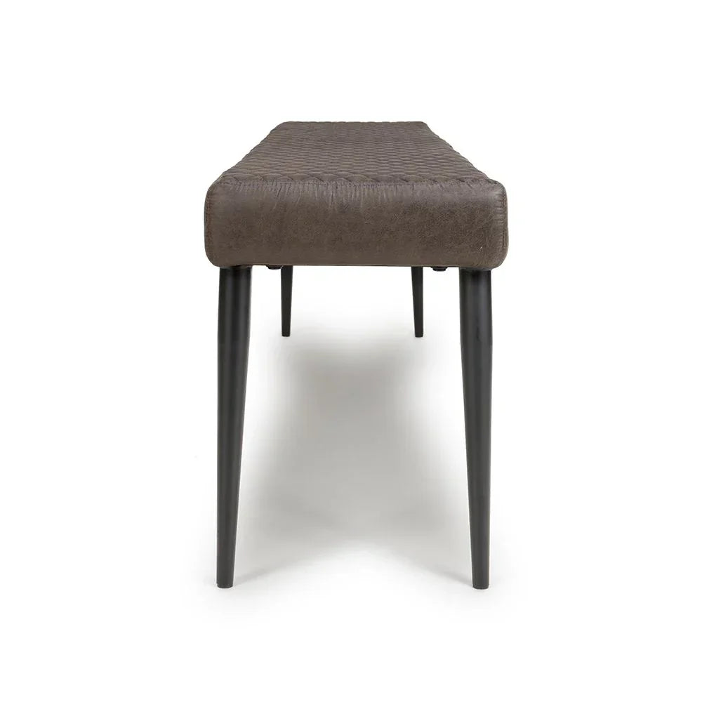 Brown upholstered bench with textured seat and black metal legs, front angle view