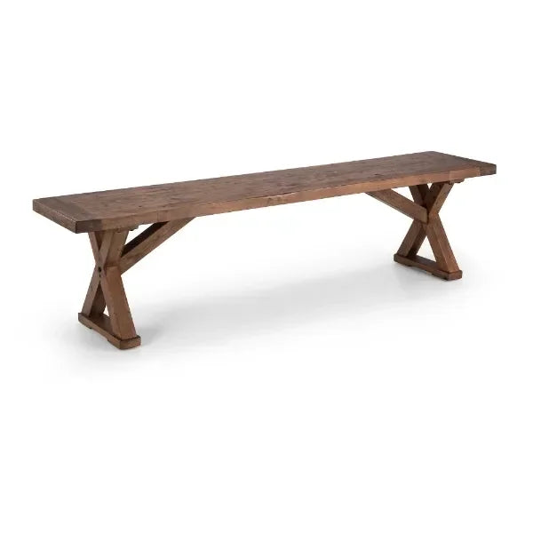 Rustic wooden dining bench with trestle legs and natural finish, angled side view