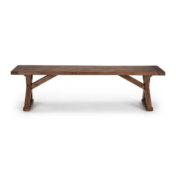 Solid wood dining bench with natural finish and trestle legs
