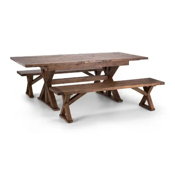 Solid wood dining table with two matching benches, rustic finish, cross leg design