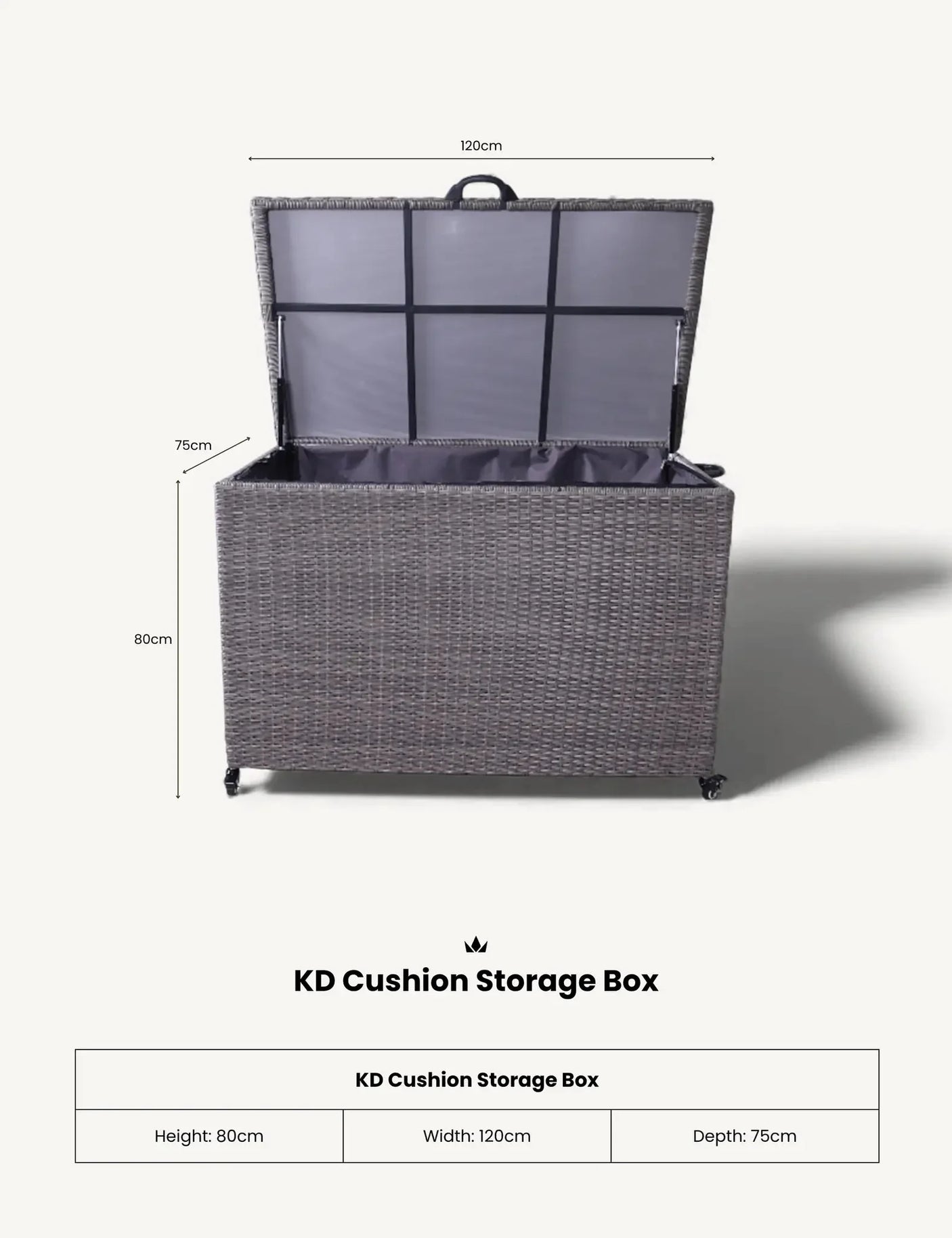 Rattan cushion storage box with open lid, showing 120cm width and woven exterior