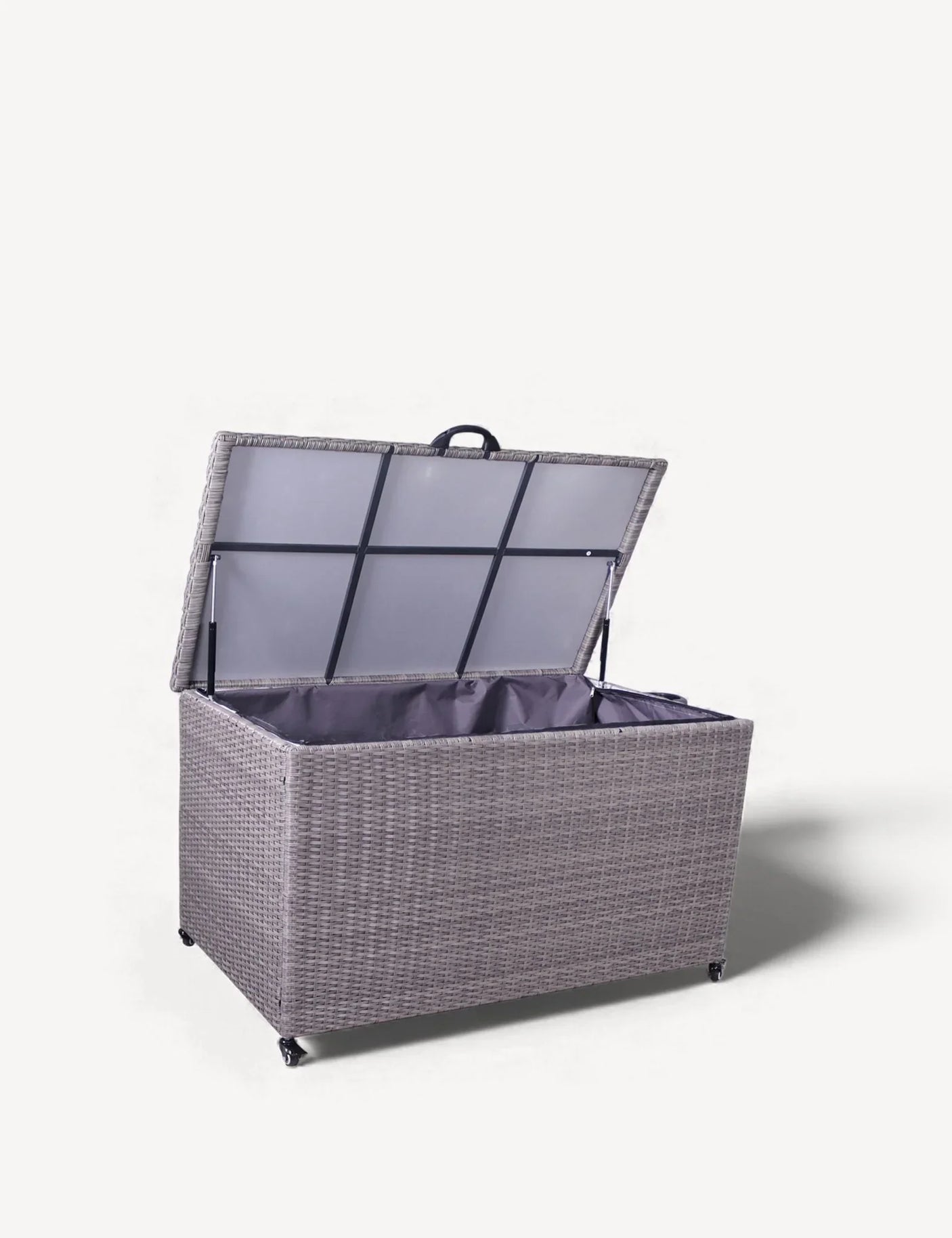 Grey rattan outdoor storage box with hinged lid and inner lining on castor wheels