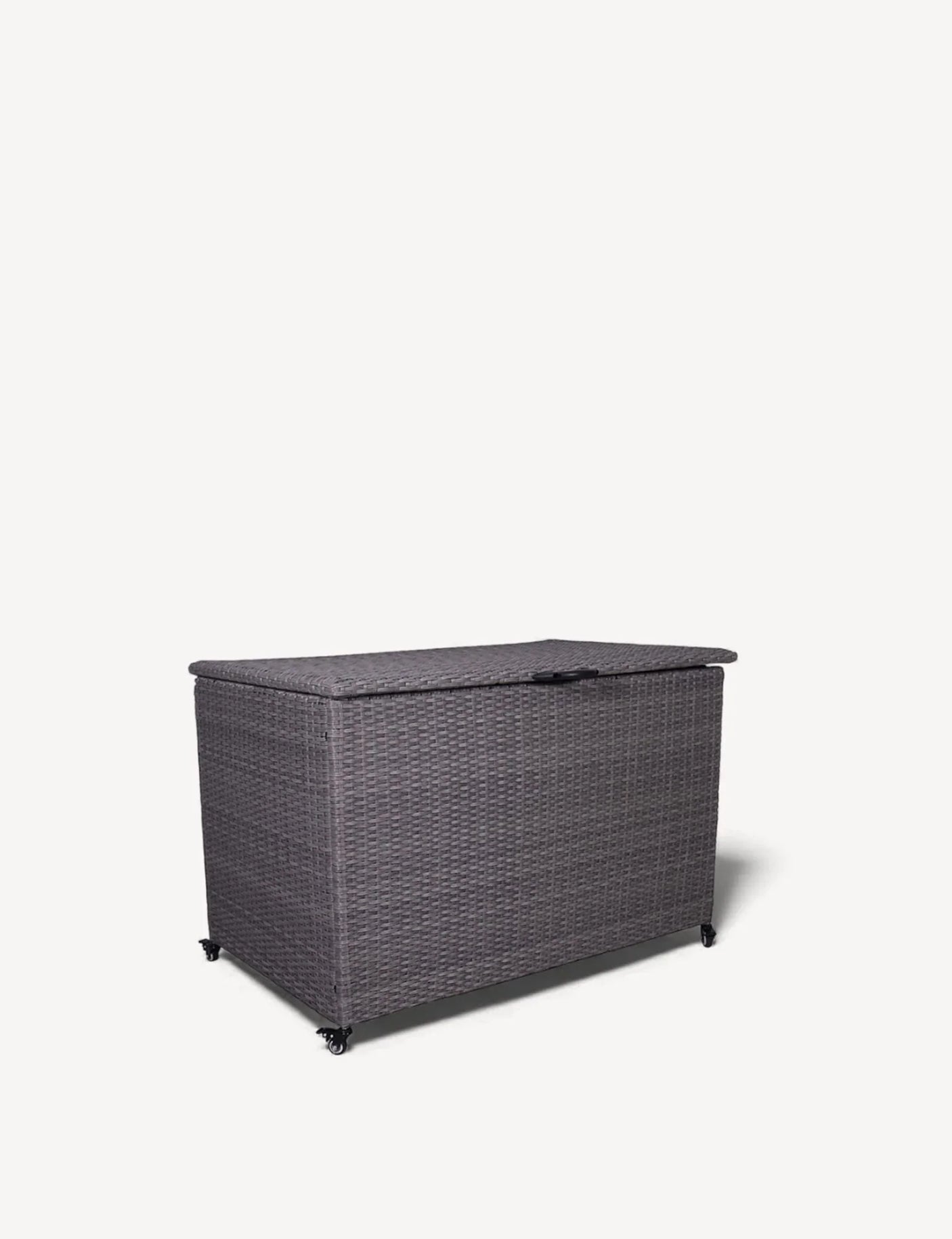 Grey rattan outdoor storage box with hinged lid and wheels, shown on white background