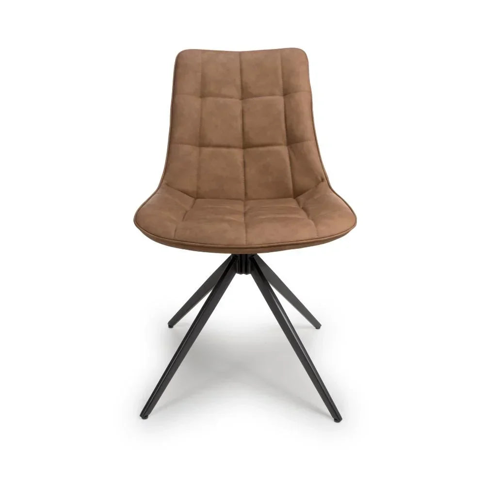 Brown upholstered dining chair with quilted seat and black metal legs, front view