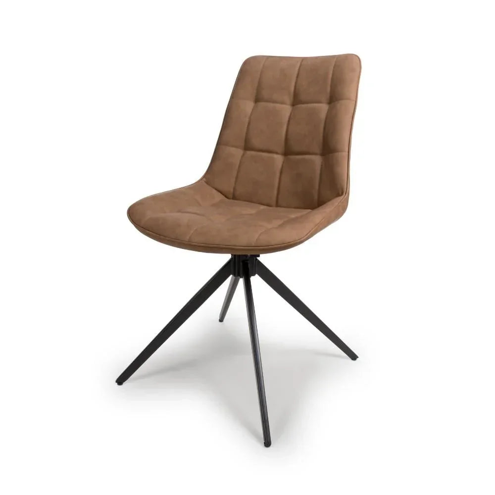 Brown upholstered dining chair with quilted seat and black angled metal legs