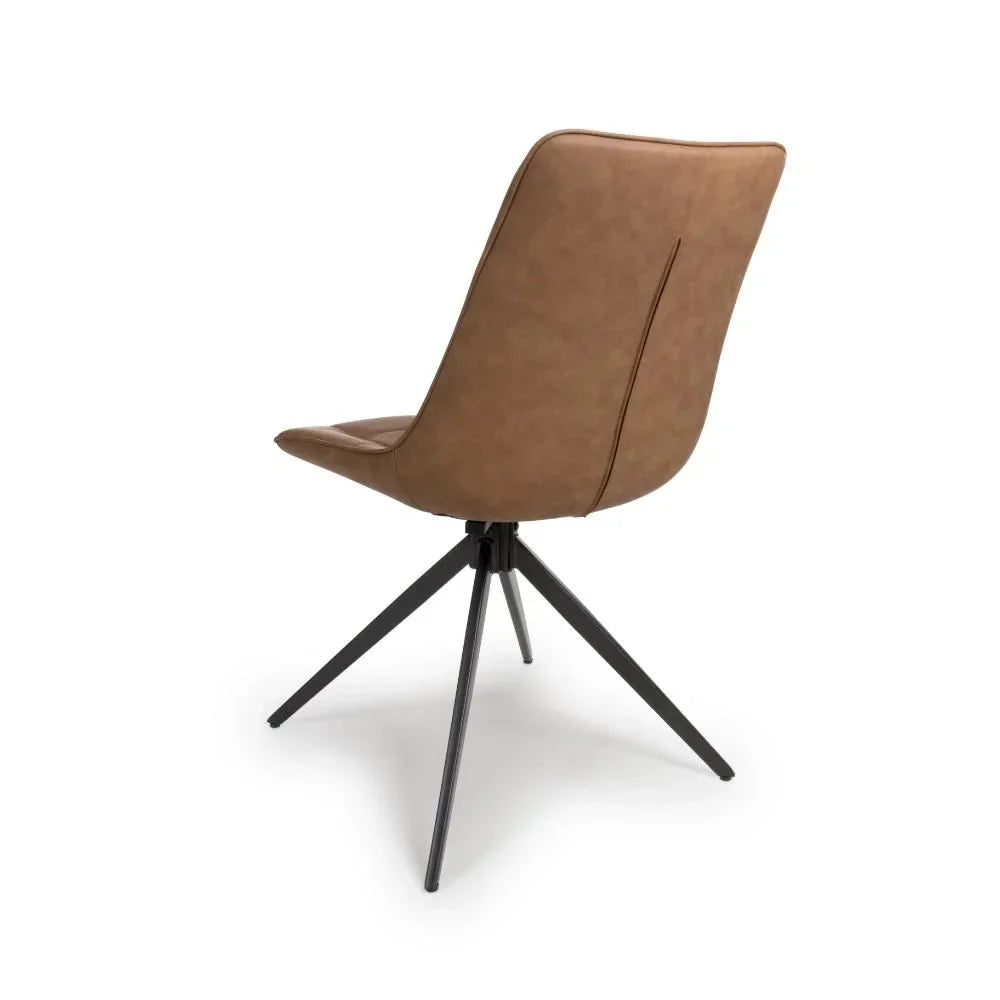 Brown faux leather dining chair with black metal legs, rear angle view