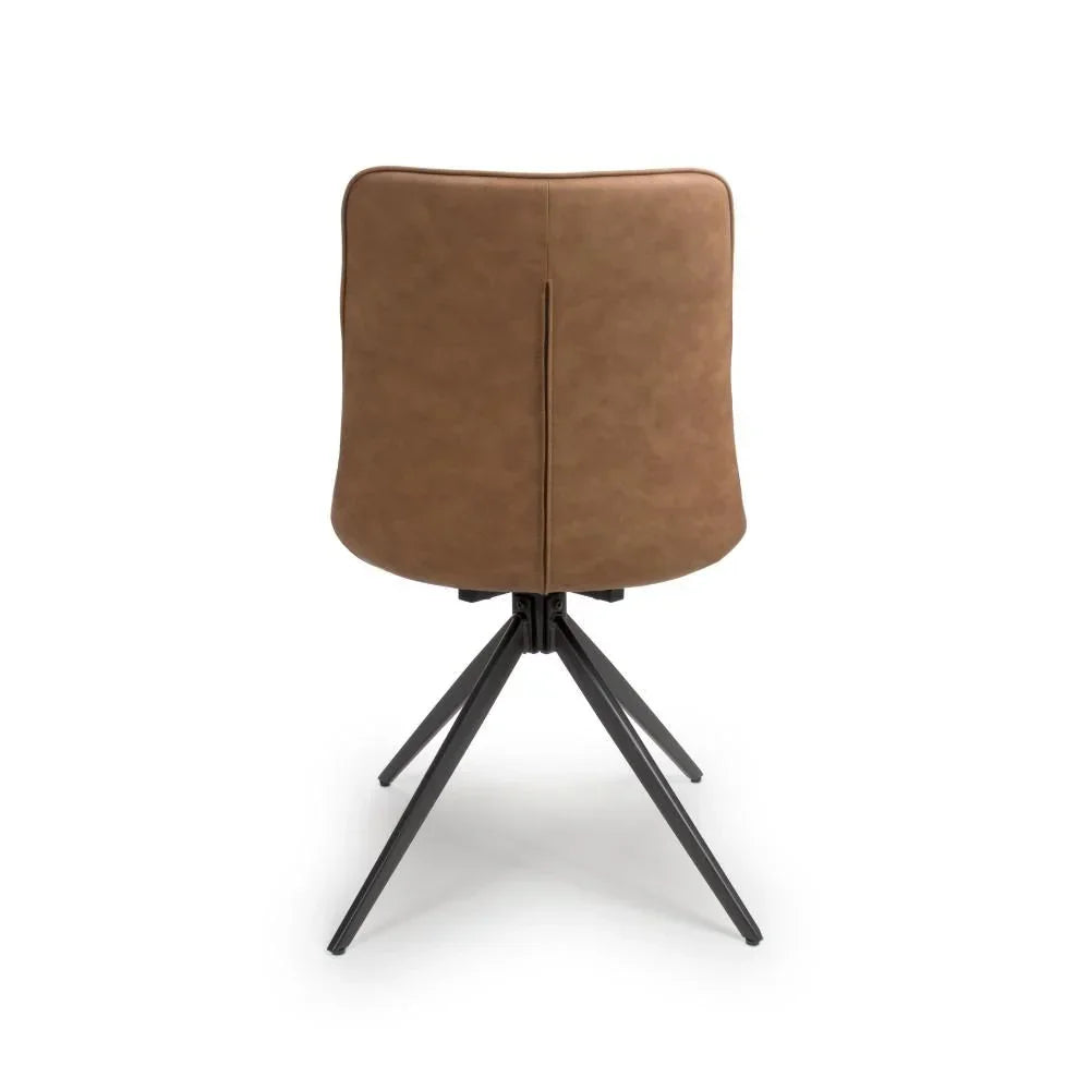 Back view of brown dining chair with metal legs and faux leather upholstery