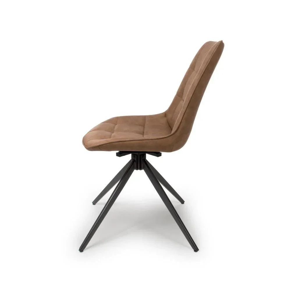 Brown upholstered dining chair with black metal legs, side view