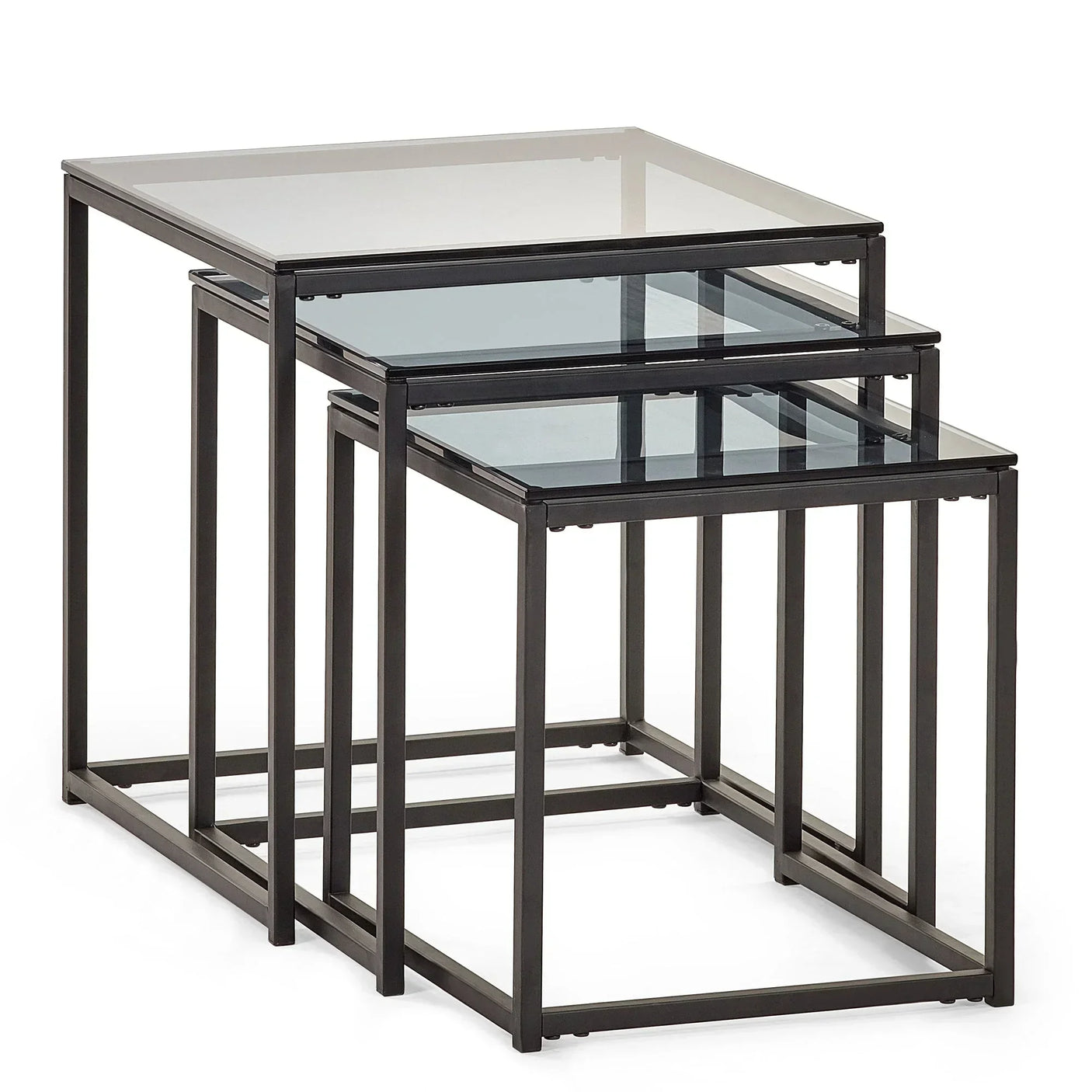 Glass nest of three tables with black metal frames, displayed from an angled side view