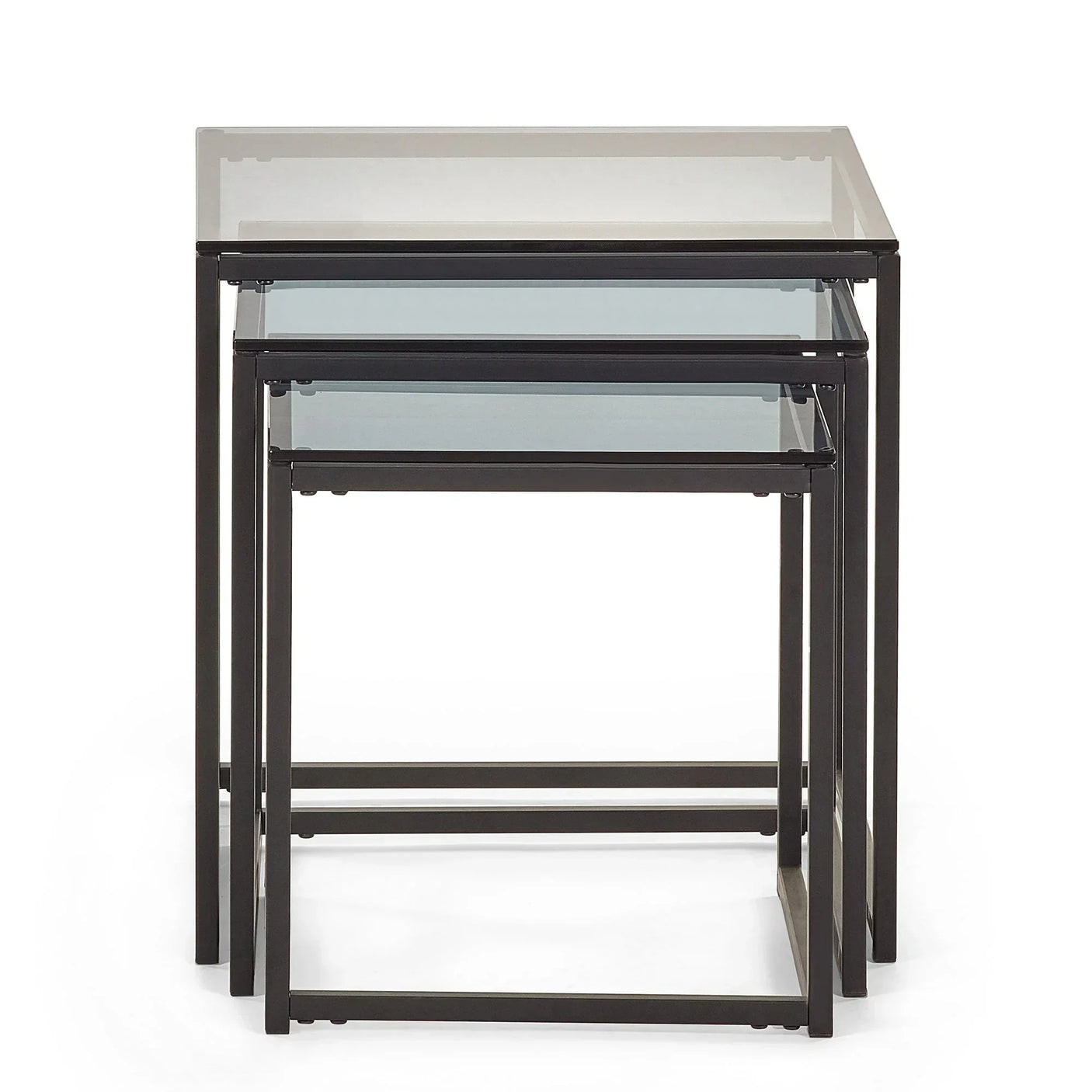 Glass nest of tables with black metal frames, stacked, shown from the front