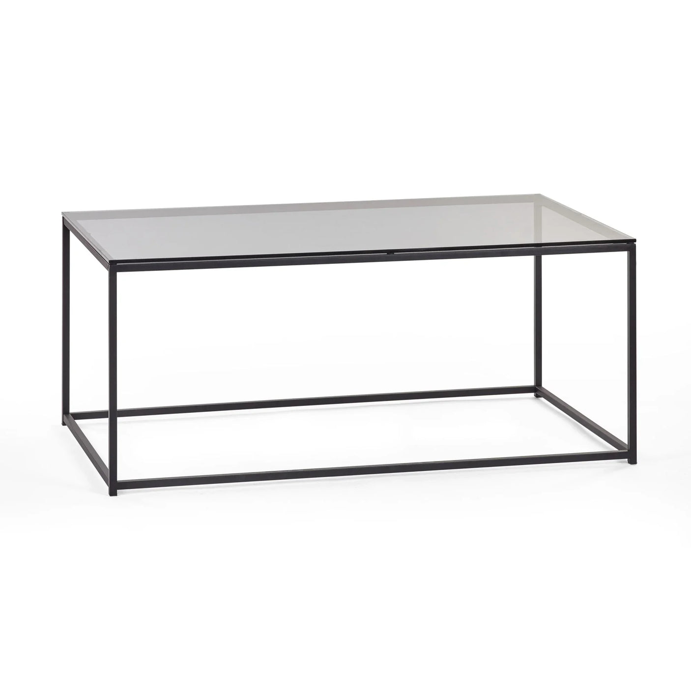 Rectangular glass coffee table with black metal frame on white background