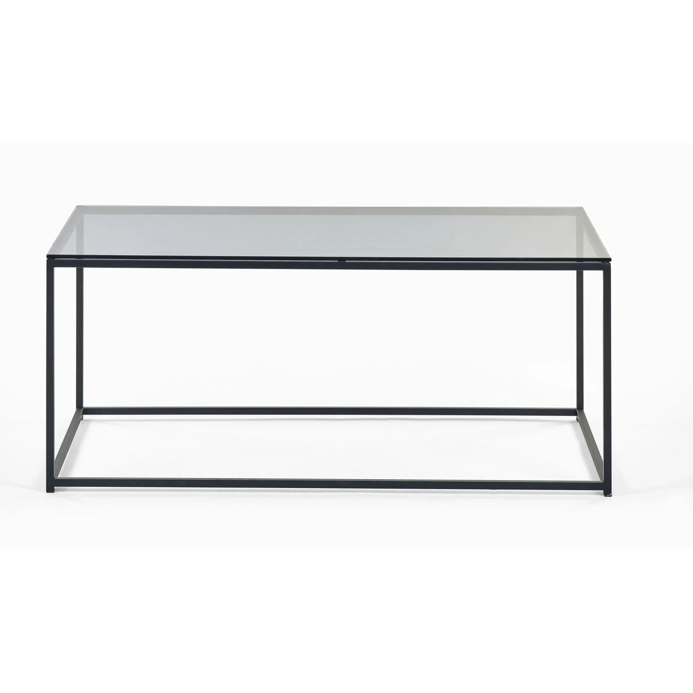 Rectangular glass coffee table with slim black metal frame on white background