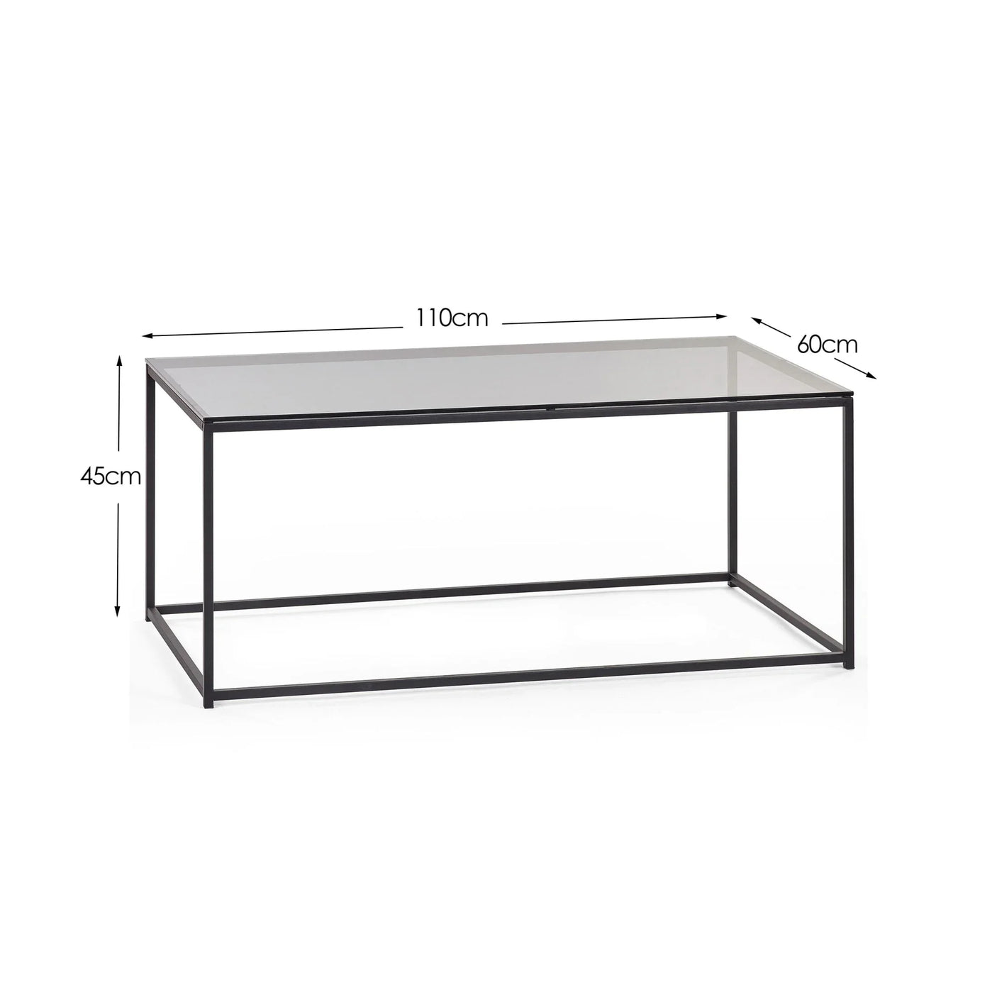 Rectangular glass coffee table with black metal frame, 110cm x 60cm x 45cm dimensions