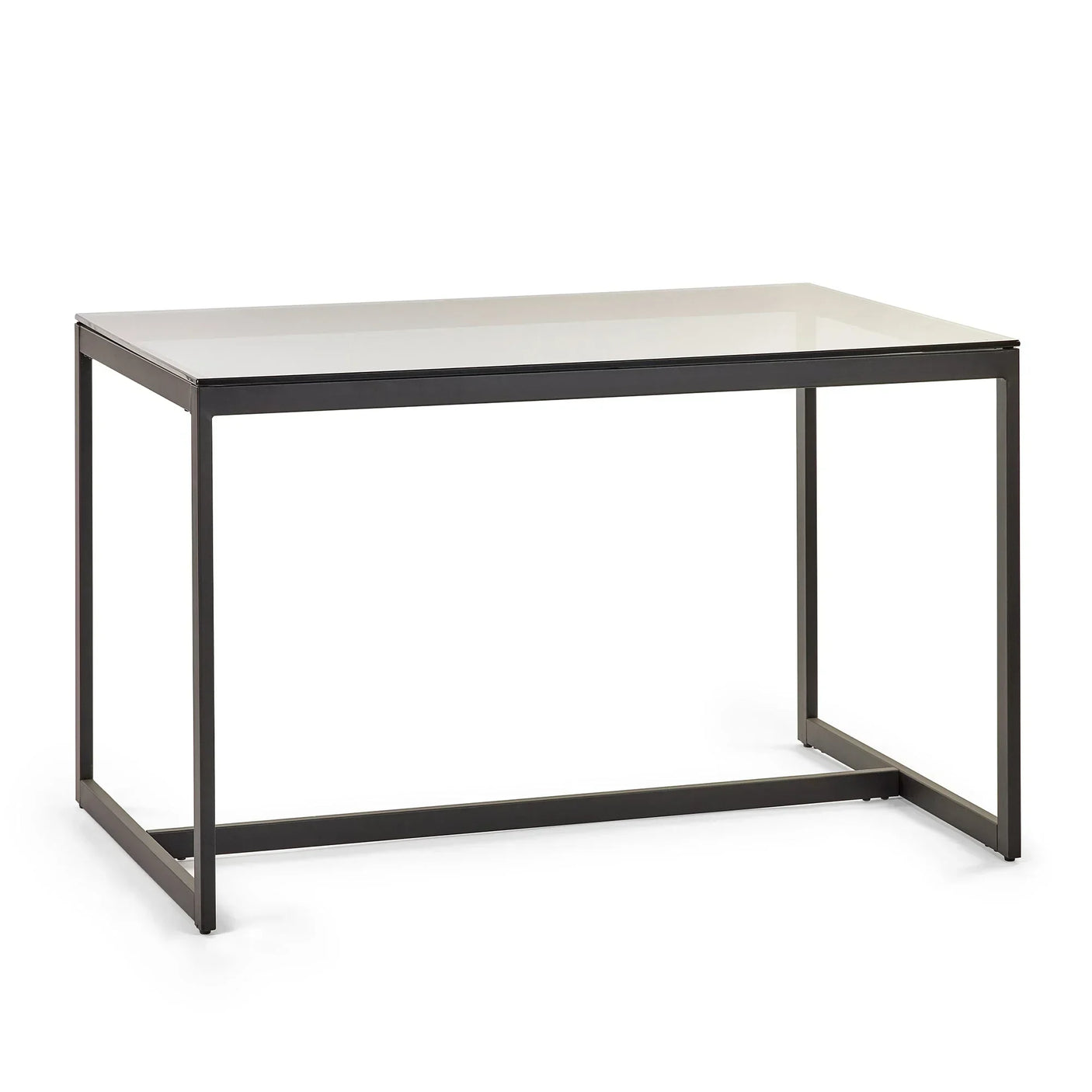 Rectangular glass dining table with black metal frame on white background