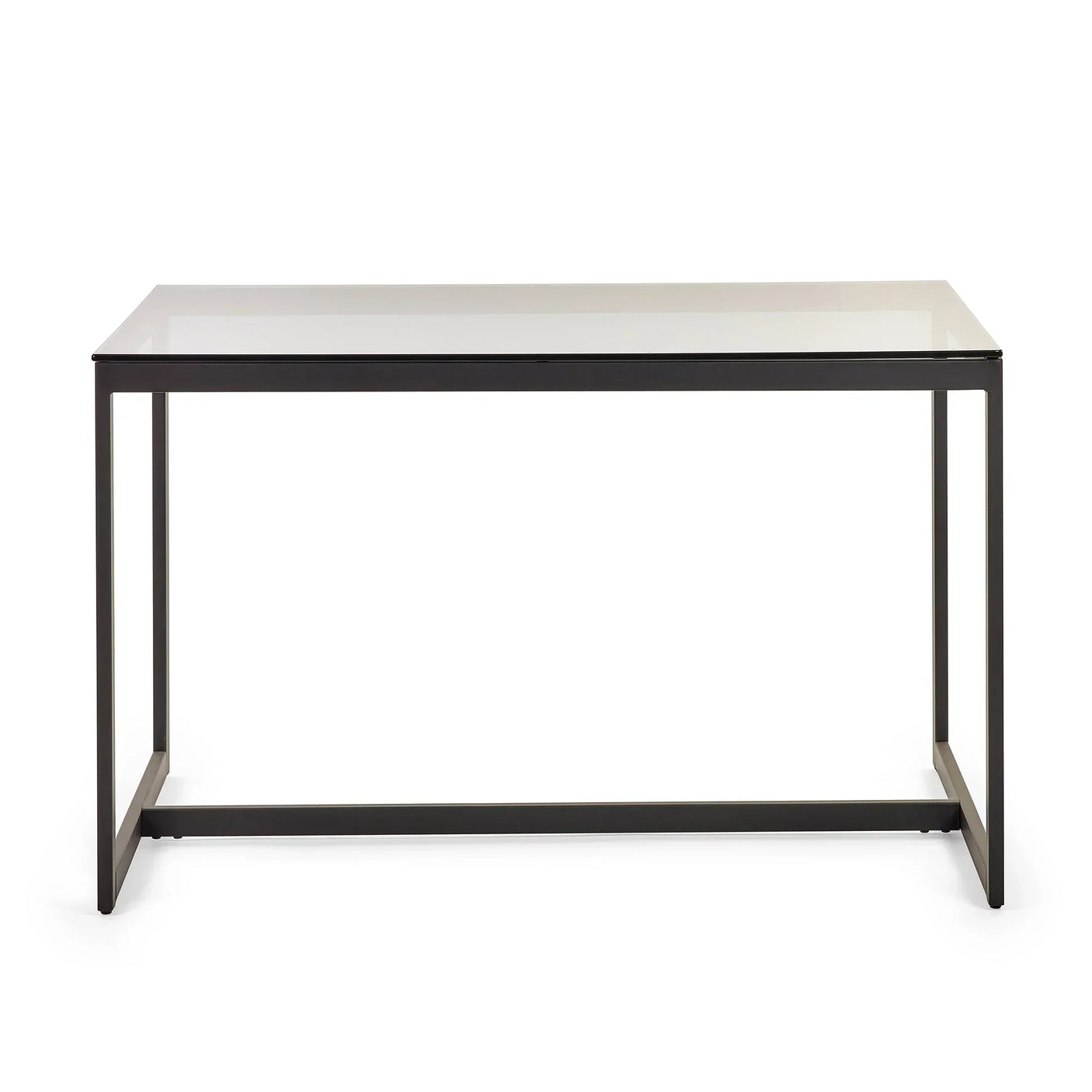Rectangular dining table with glass top and black metal frame, minimalist design, front view