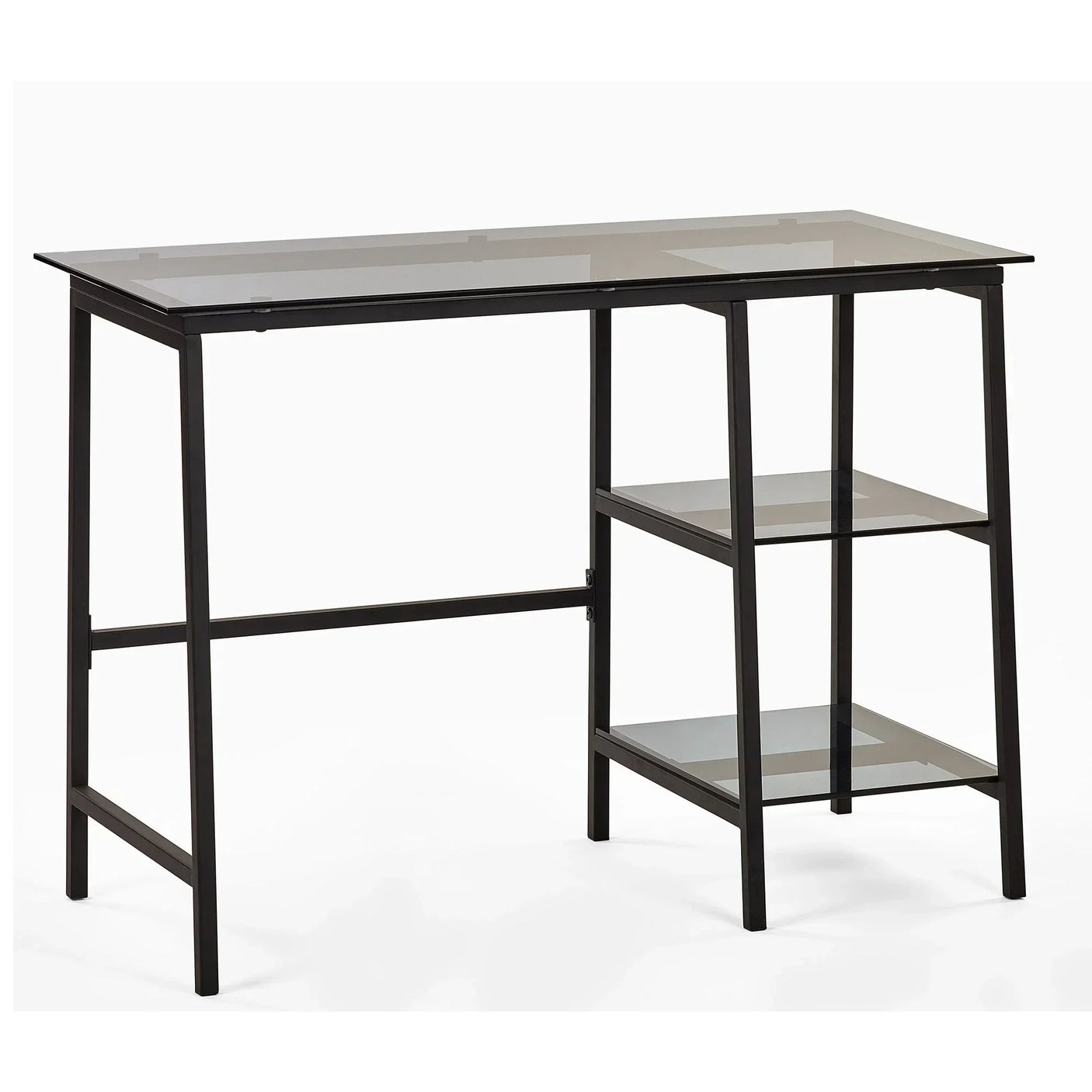 Glass office desk with black metal frame and two open side shelves on white background