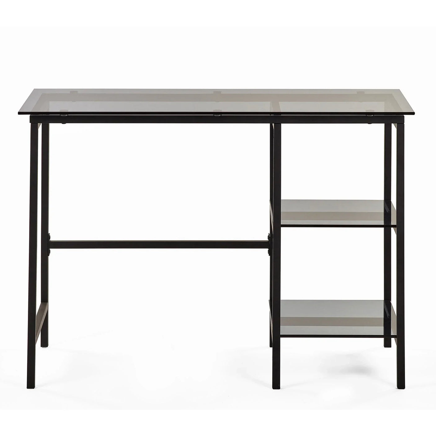 Glass top desk with black metal frame and two side shelves, front view