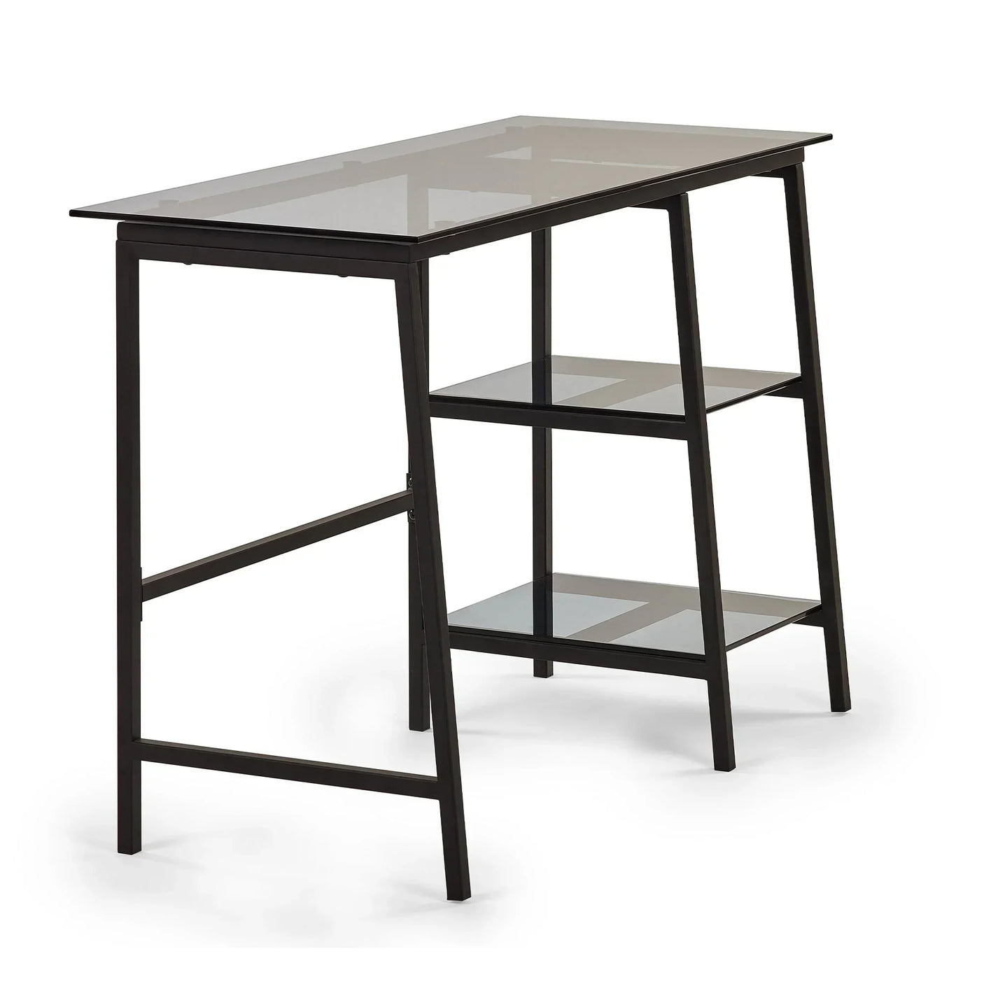 Black metal frame desk with glass top and two side shelves, angled view