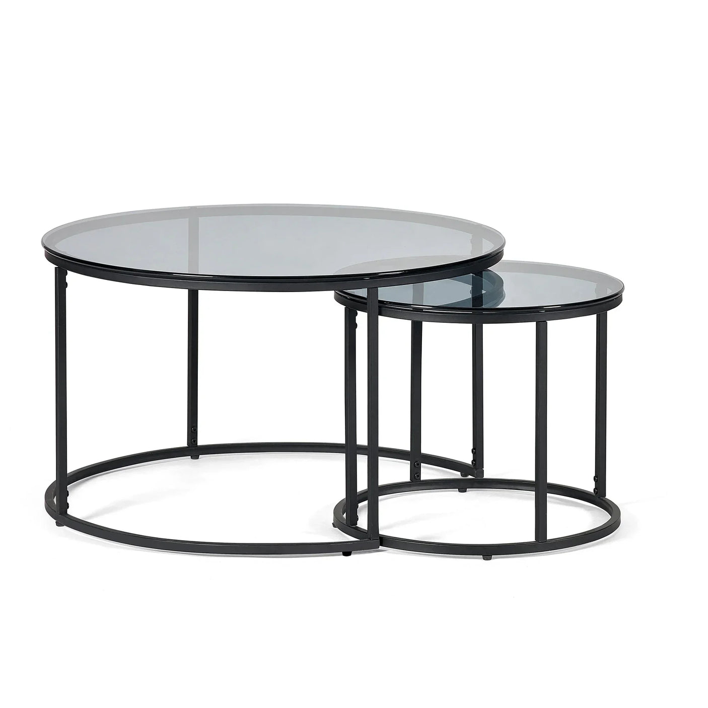 Round nesting coffee tables with black metal frames and glass tops, side-by-side view