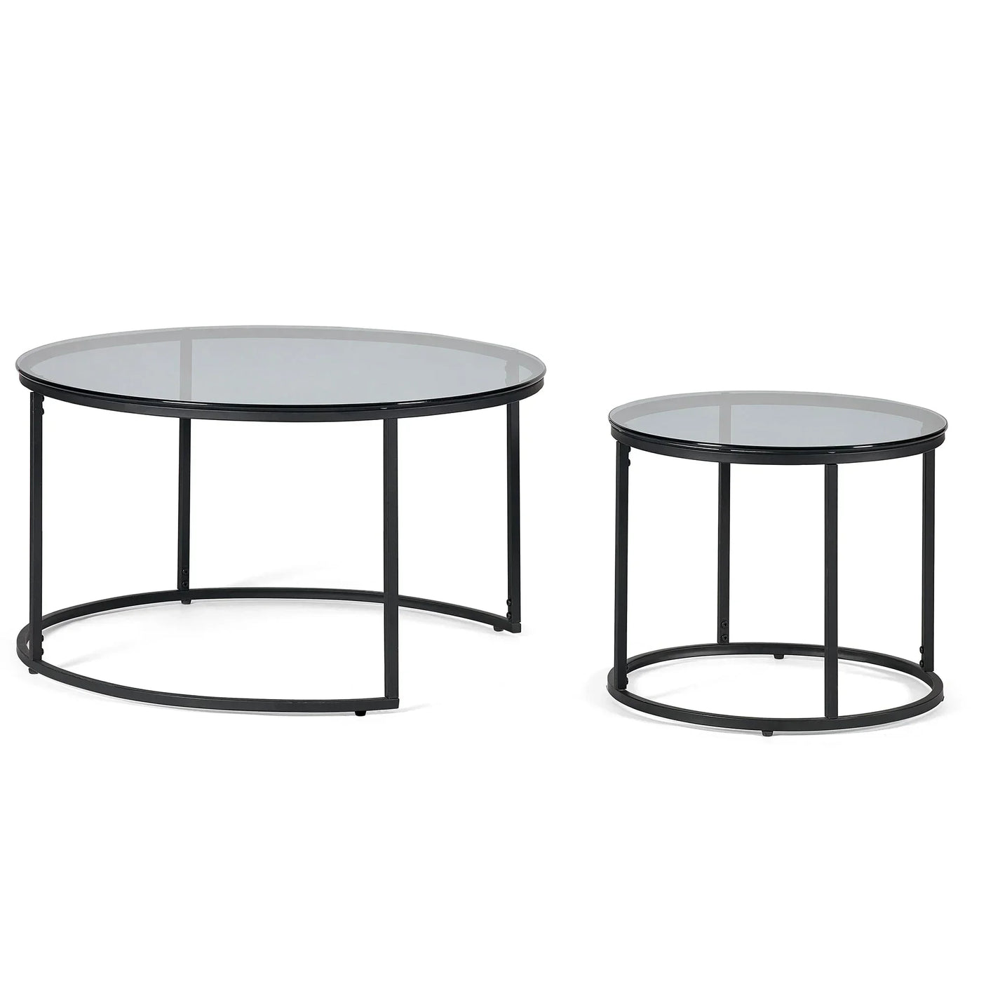Round glass nesting coffee tables with black metal frames on white background