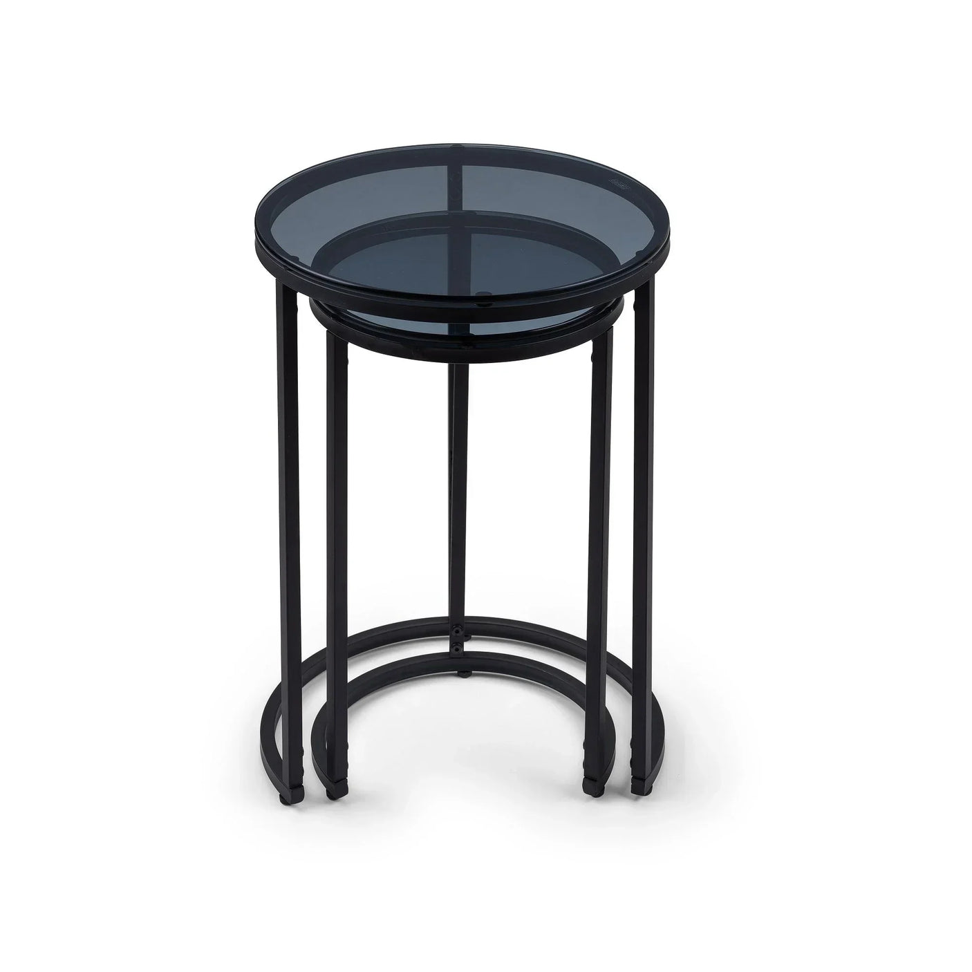 Round black metal nesting side tables with glass tops on white background