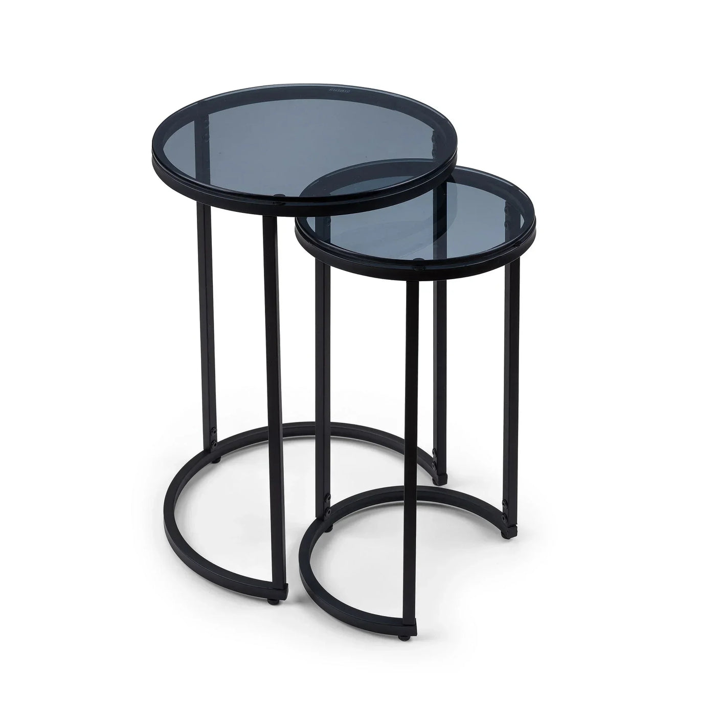 Black metal round nesting side tables with smoked glass tops on white background