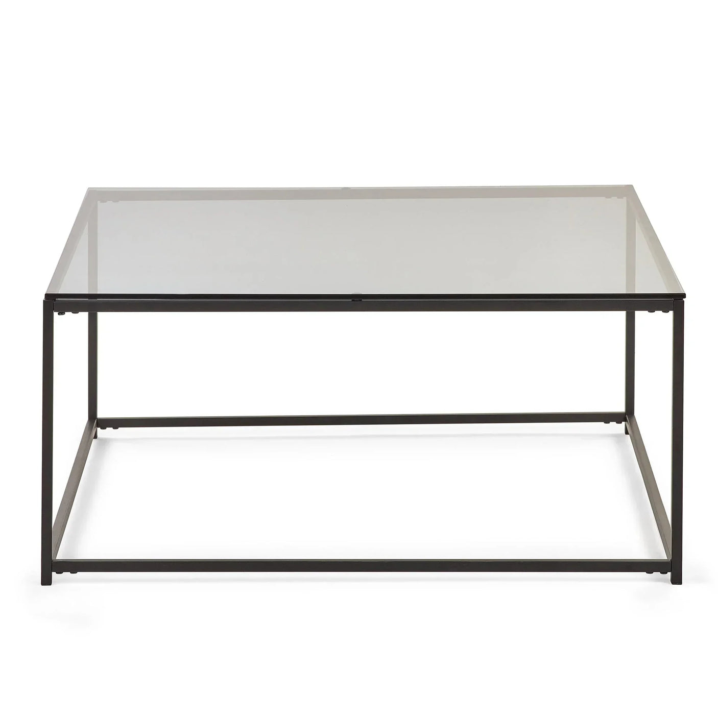 Square coffee table with clear glass top and black metal frame, front view