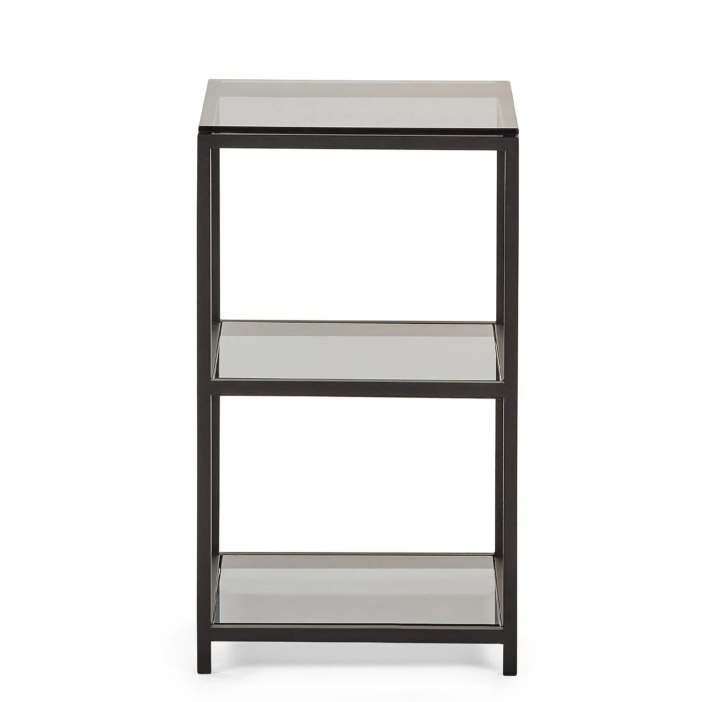 Tall narrow side table with black metal frame and three glass shelves, front view
