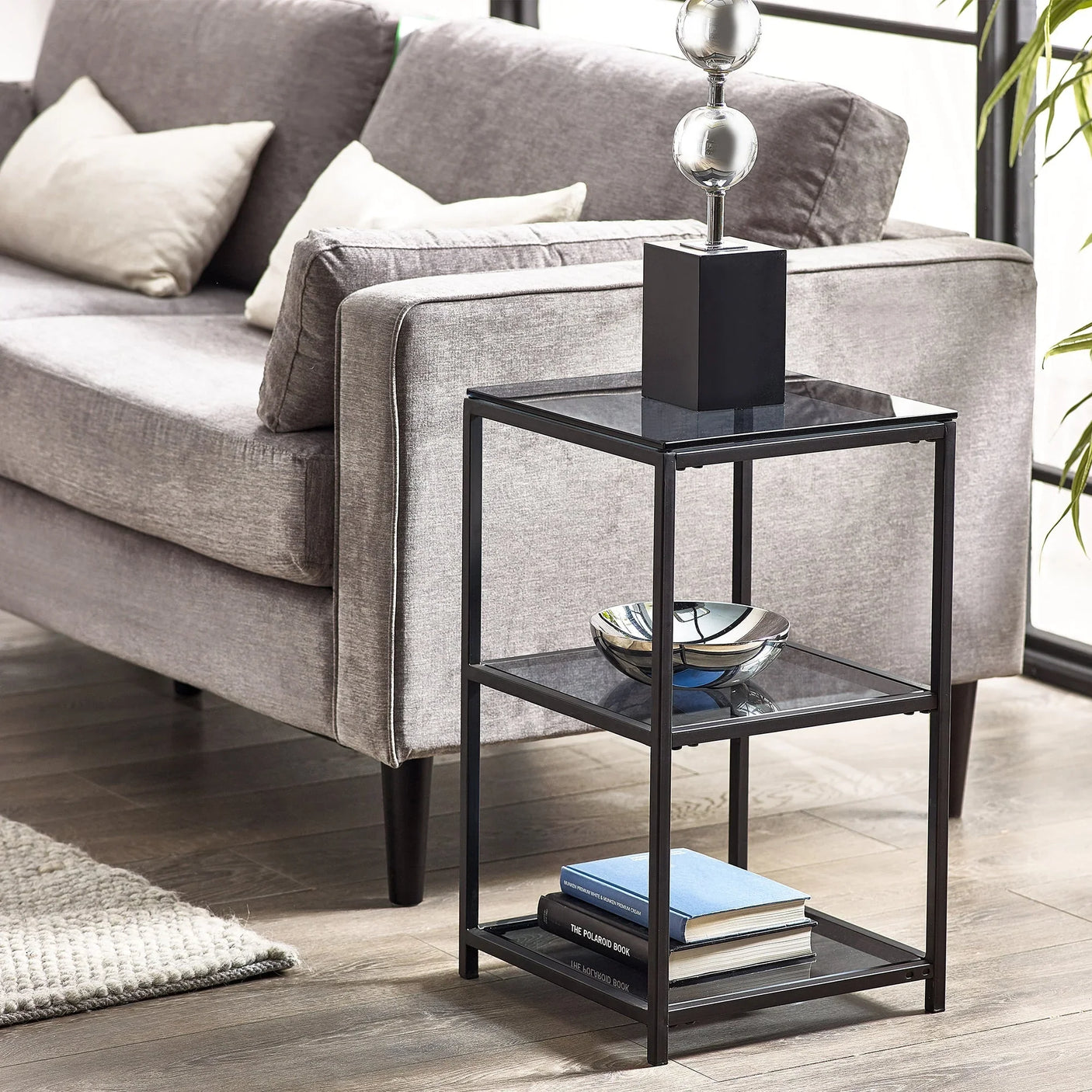 Chicago Tall Narrow Side Table - Glass and Black - CHI021