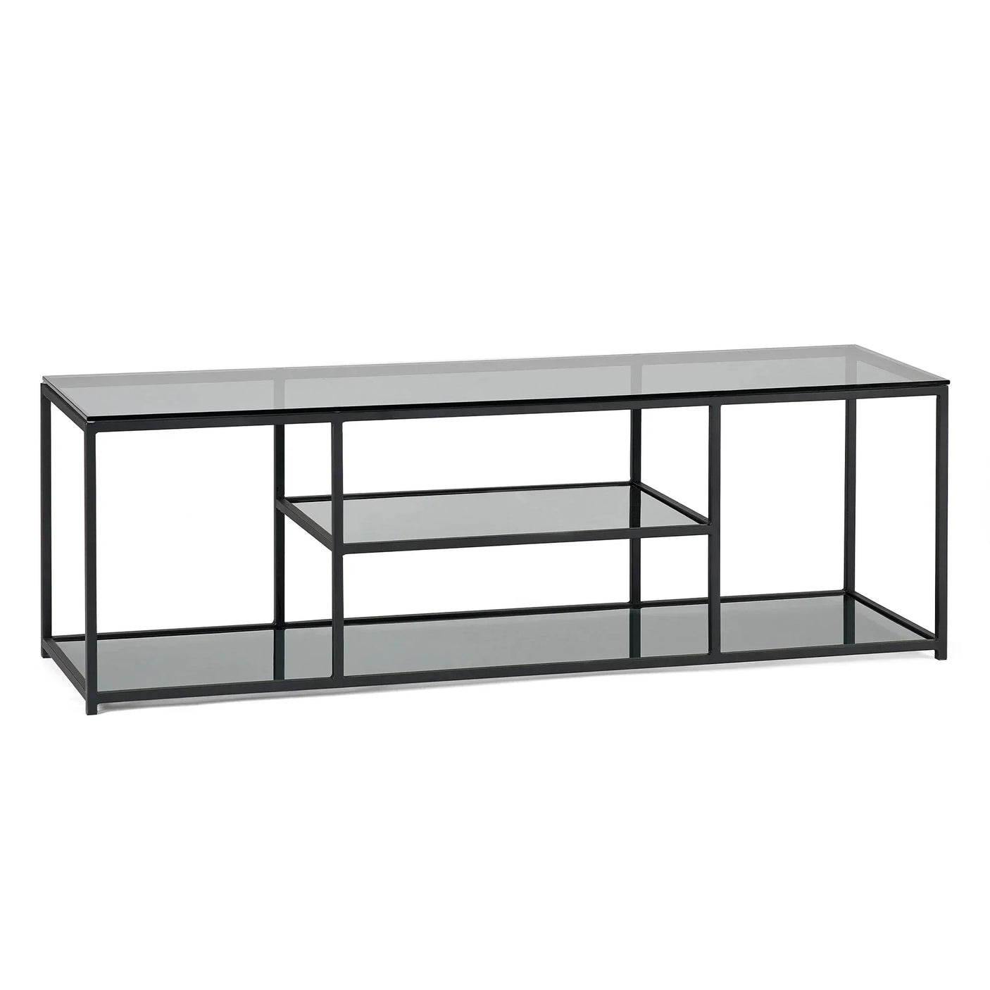 Glass TV unit with black metal frame and open shelving design, front view