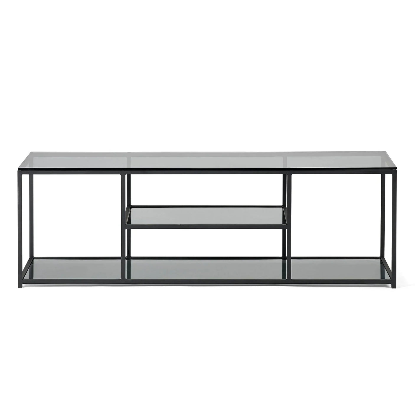 Glass TV unit with black metal frame and open shelves, front view