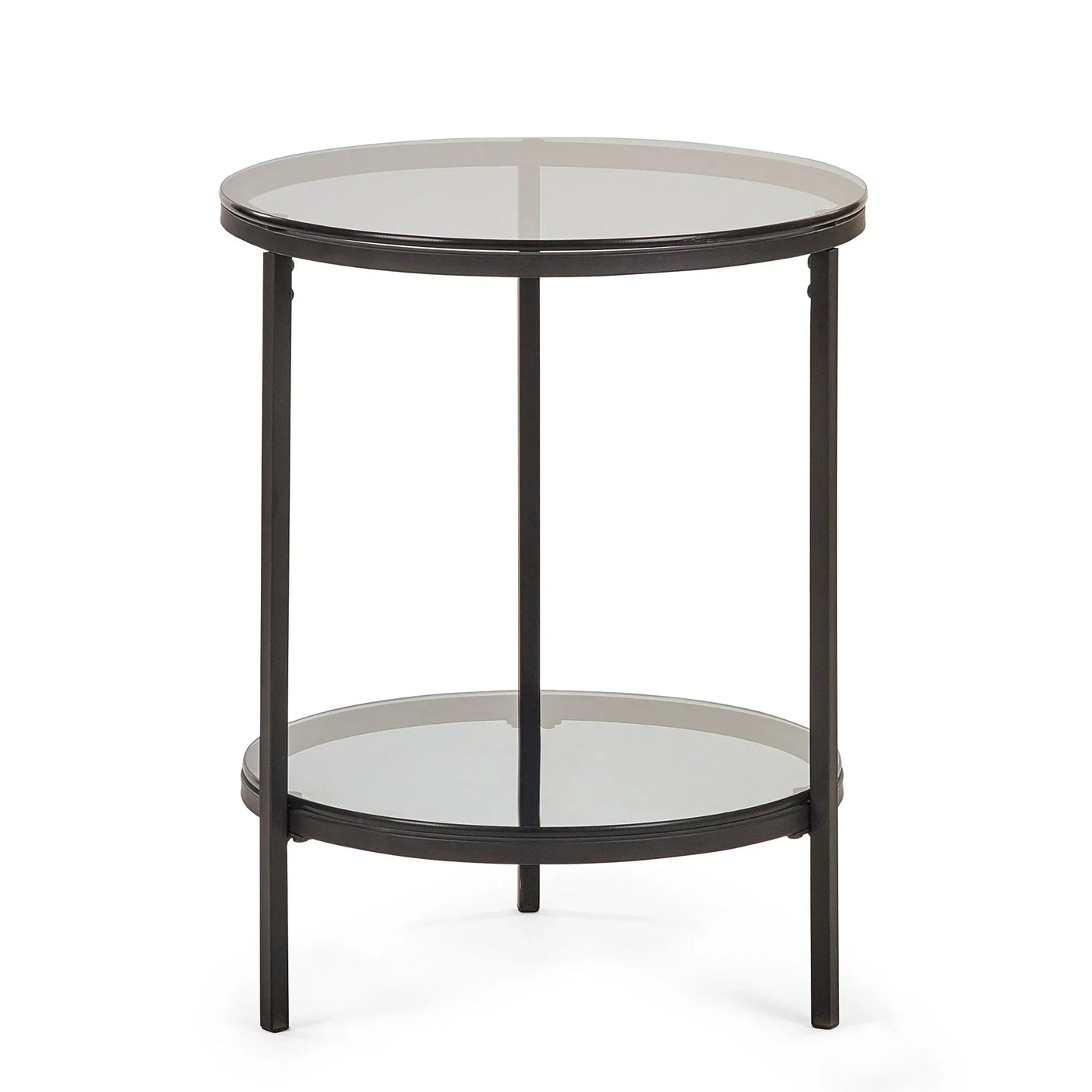 Round glass lamp table with lower shelf and black metal legs