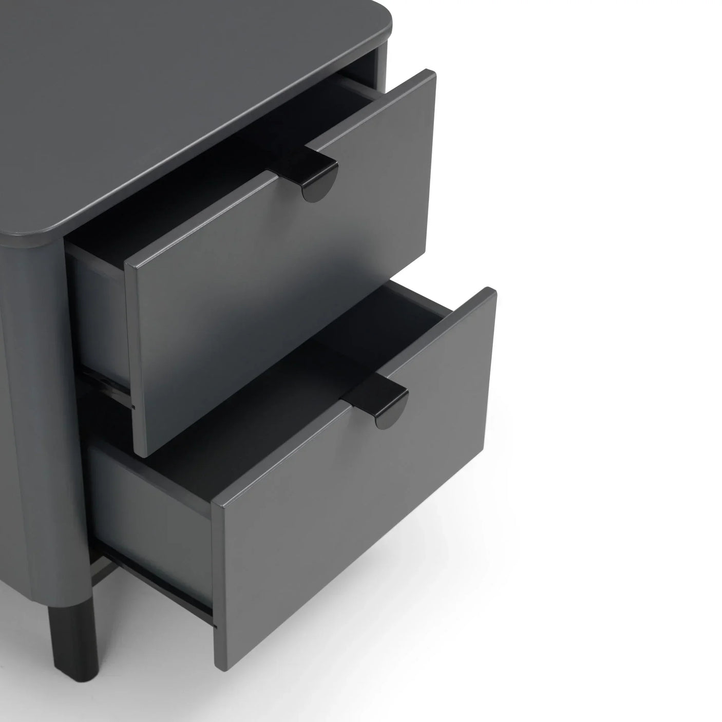 Grey bedside table with two open drawers and black handles, corner angled view