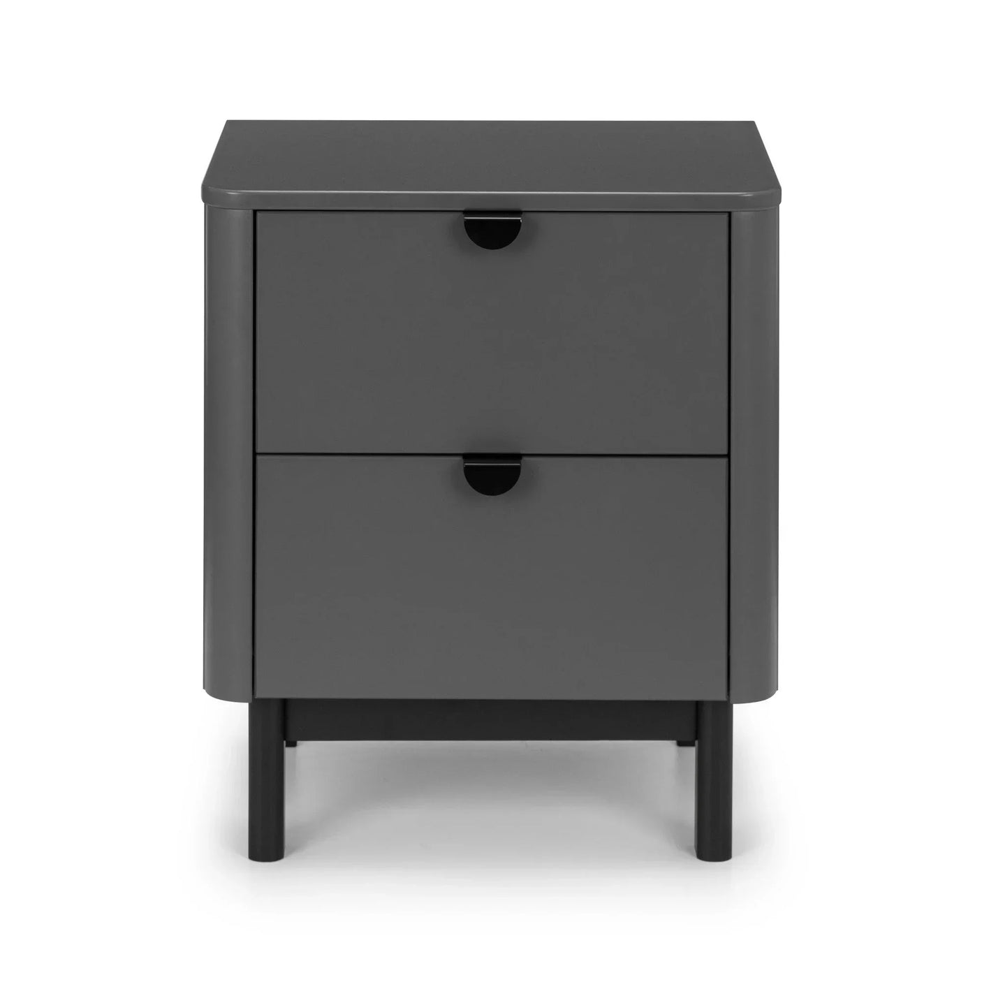 Modern grey bedside table with two drawers and black legs, front view