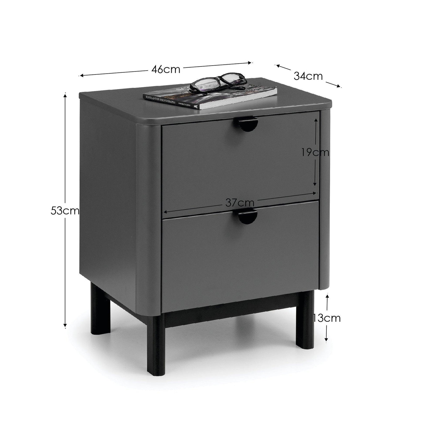 Black bedside table with two drawers and measurements, book and glasses on top