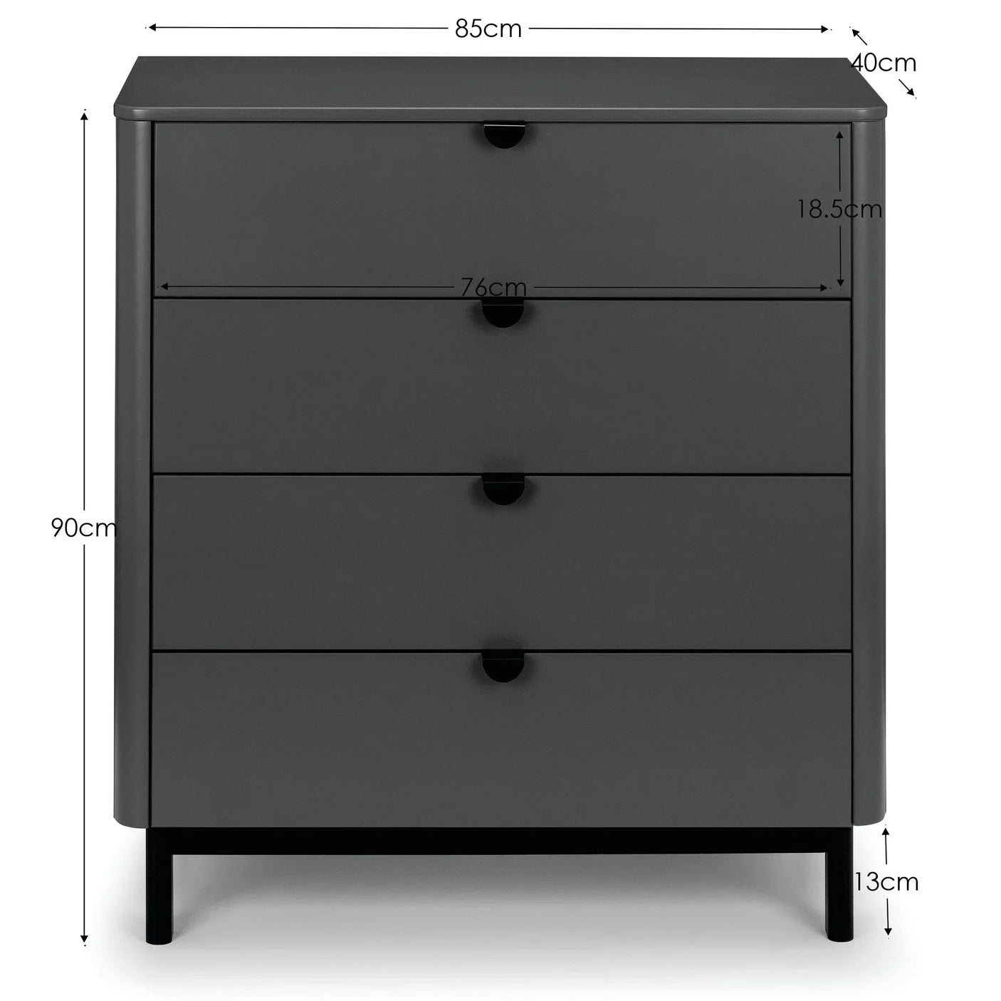Charcoal chest of drawers with four handles, dimension lines showing height and width