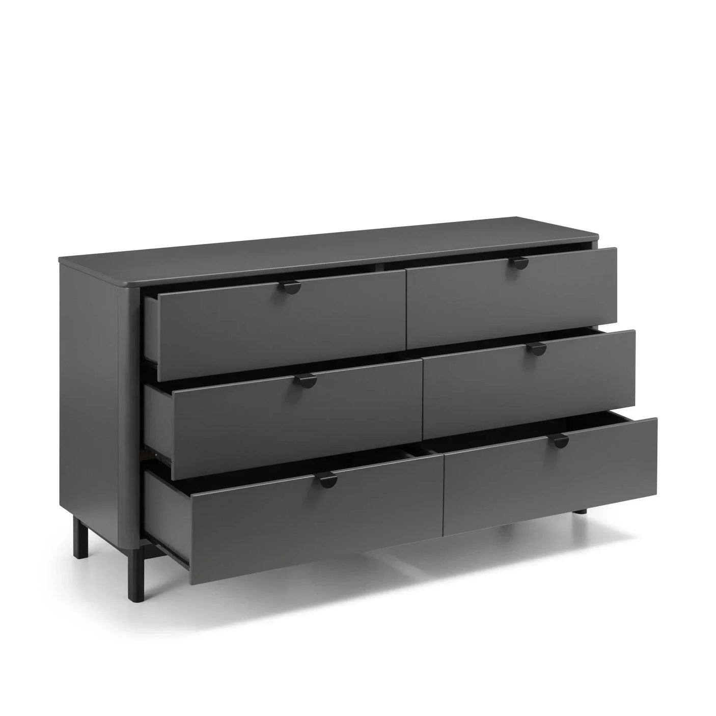 Black six drawer chest with matte finish, three drawers partly open, angled view