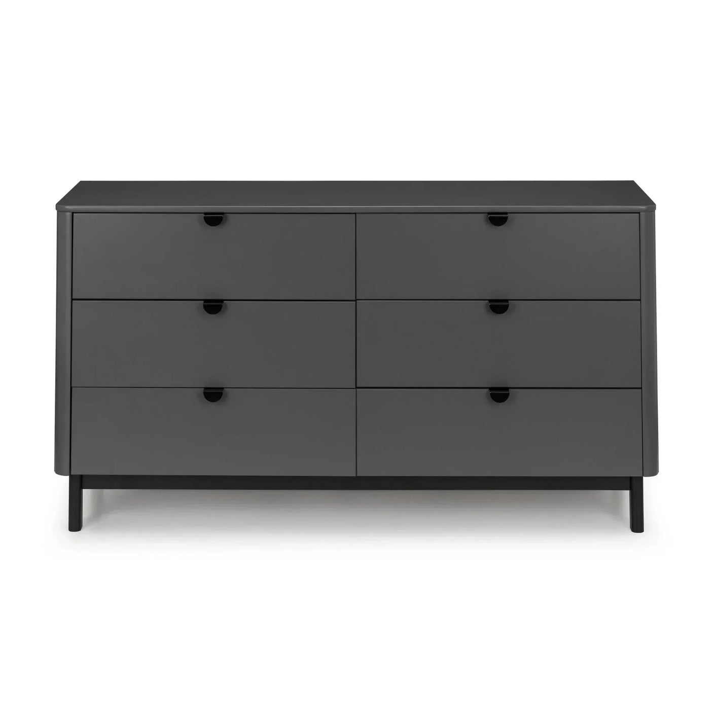 Modern black dresser with six drawers and cut-out handles, front view