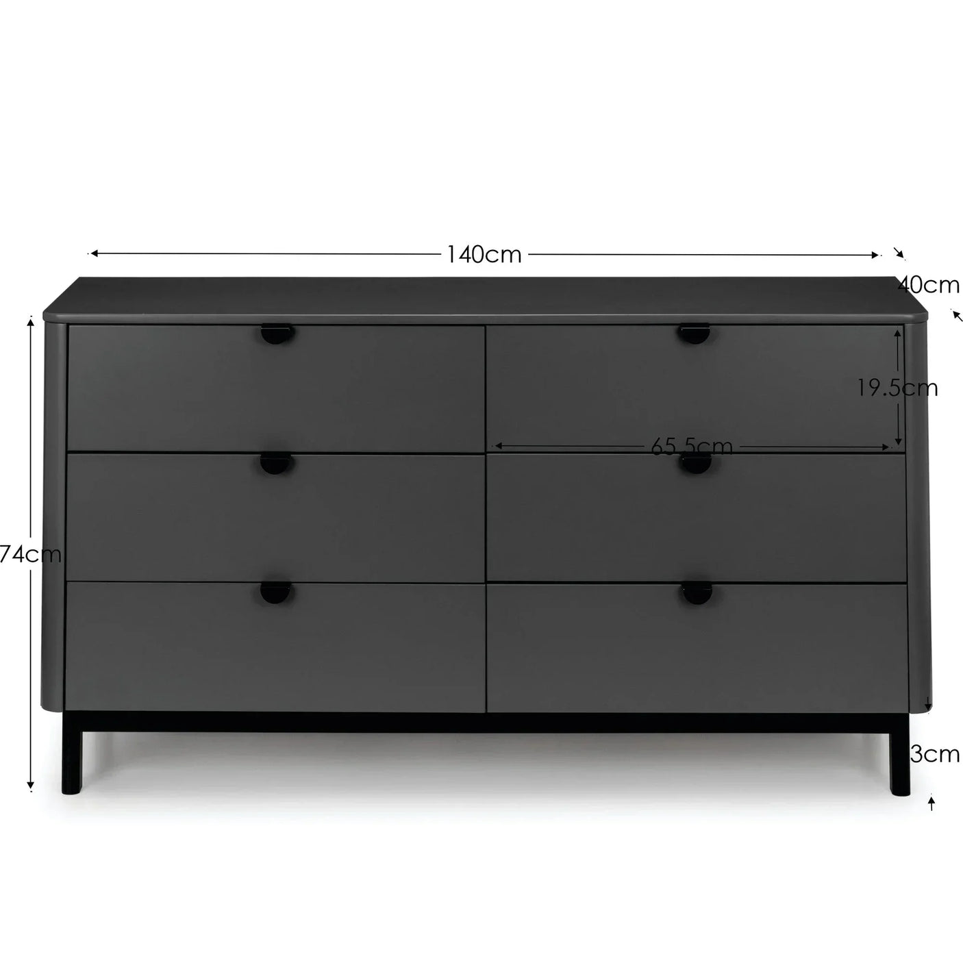 Matte black 6 drawer chest of drawers with labelled measurements shown front view