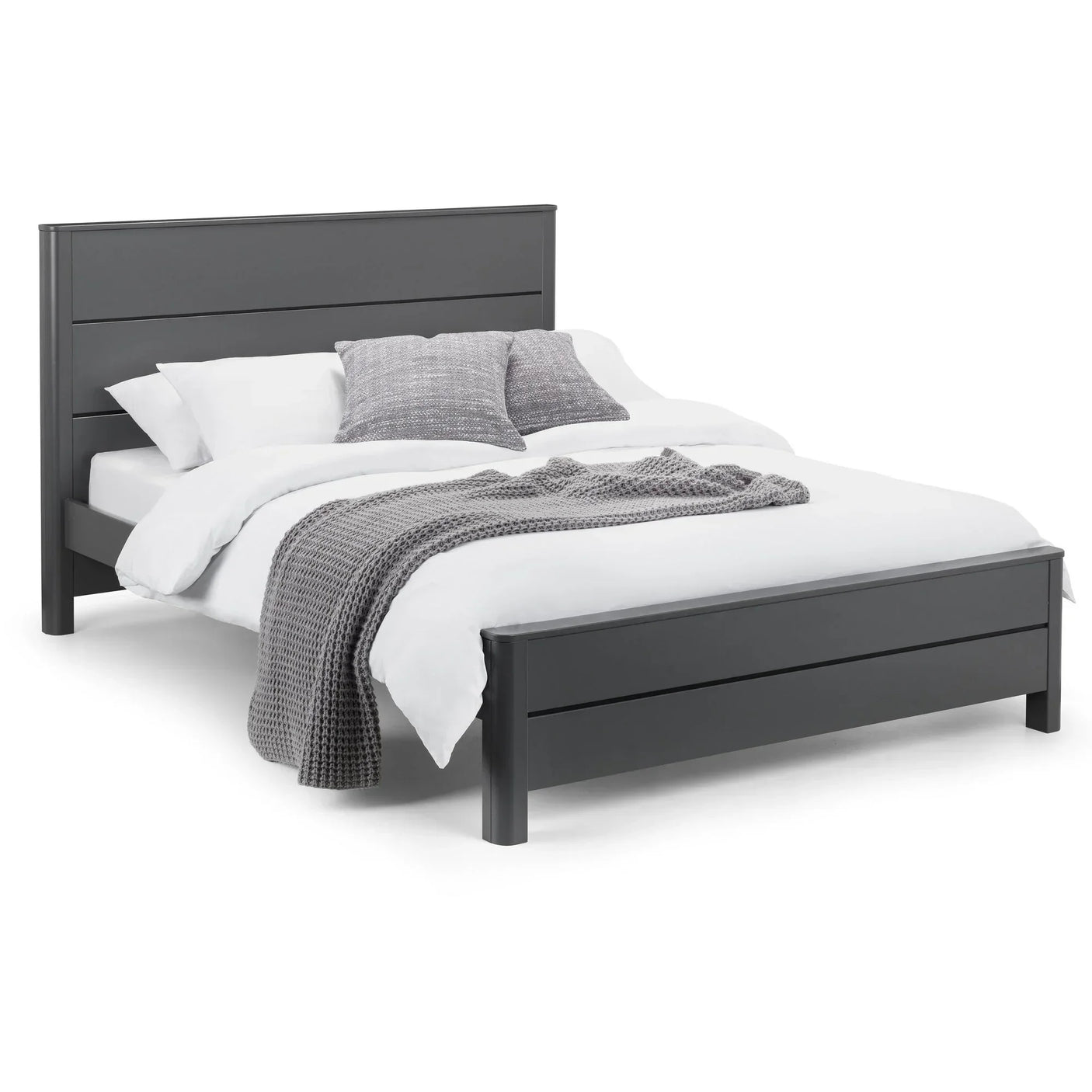 Grey king bed frame with panel headboard, white bedding and grey knit throw