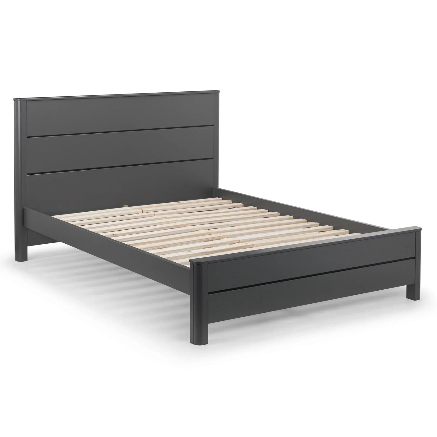 Dark grey king bed frame with slatted base and panel headboard, angled side view