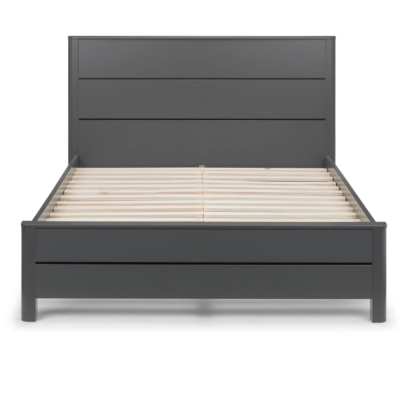 Grey king bed frame with wooden slats and paneled headboard, front view