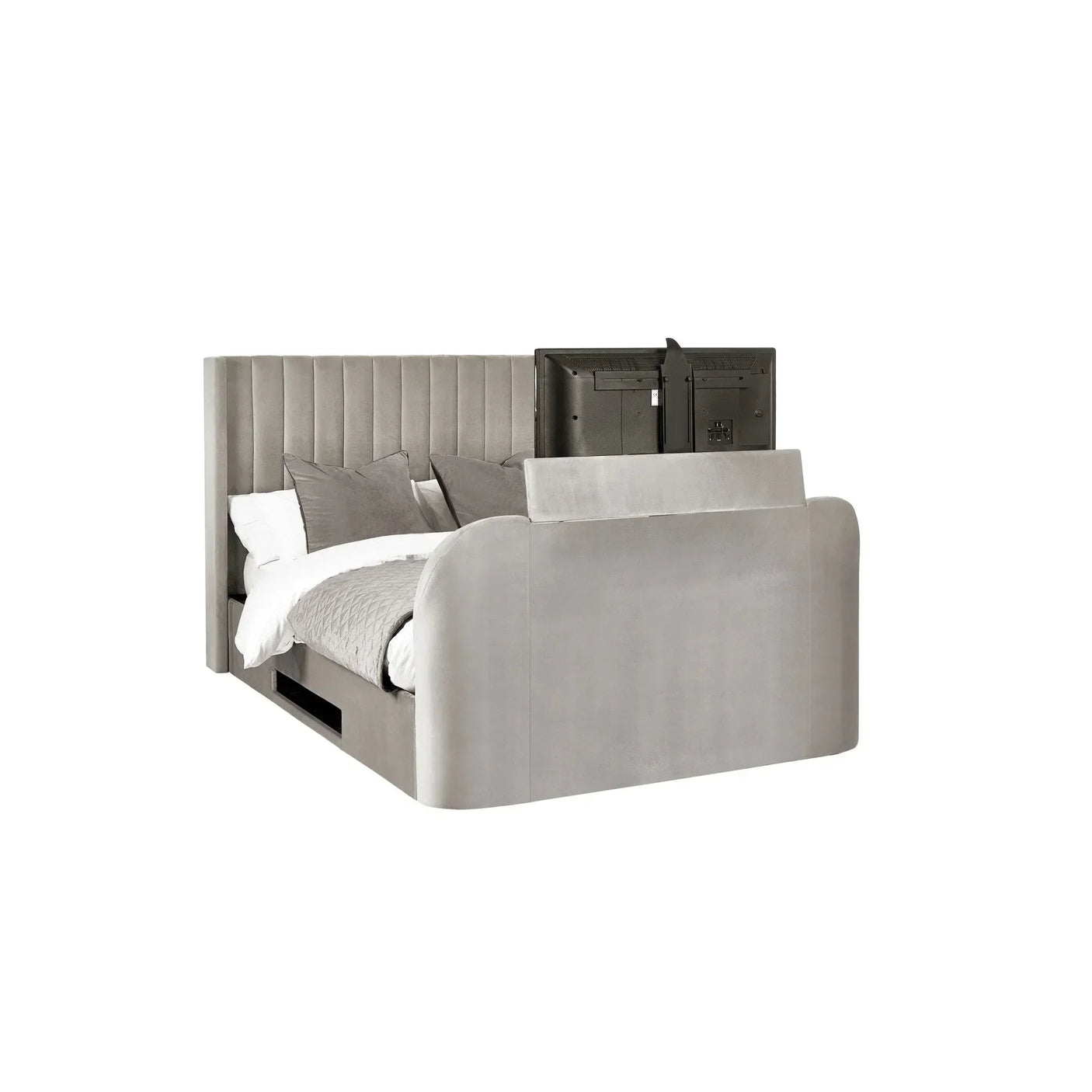 Grey upholstered TV bed with storage, vertical panel headboard and raised television footboard
