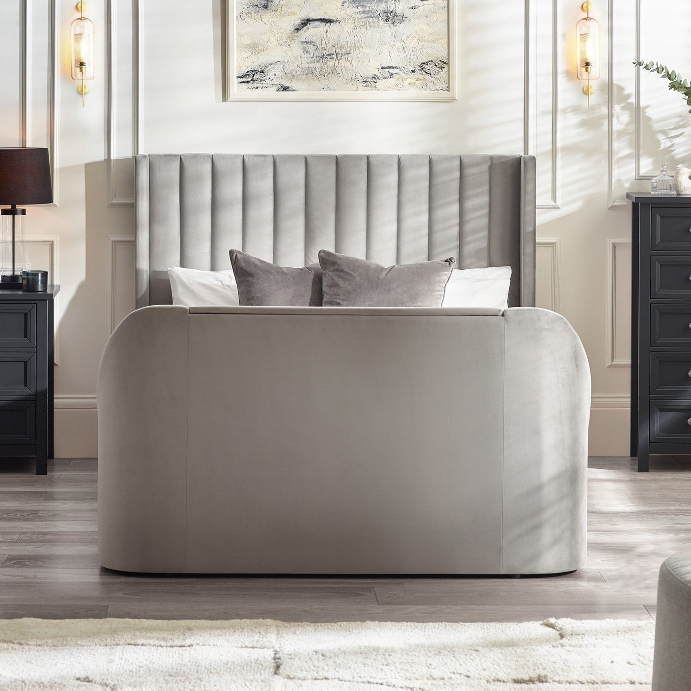 Clara Side Lift Ottoman Tv Bed - Light Grey / Double - CLA001