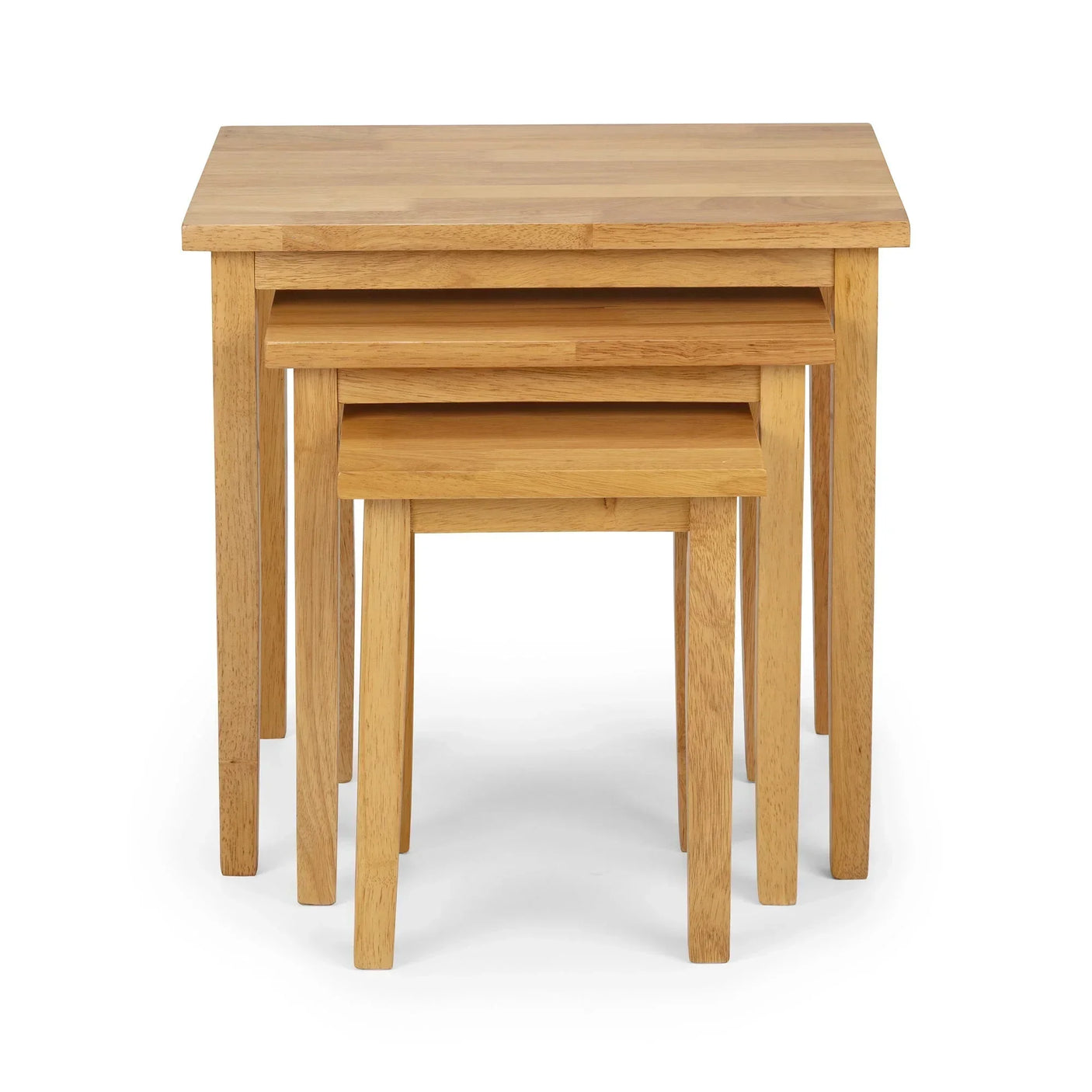 Oak nest of tables with three rectangular tables stacked front view