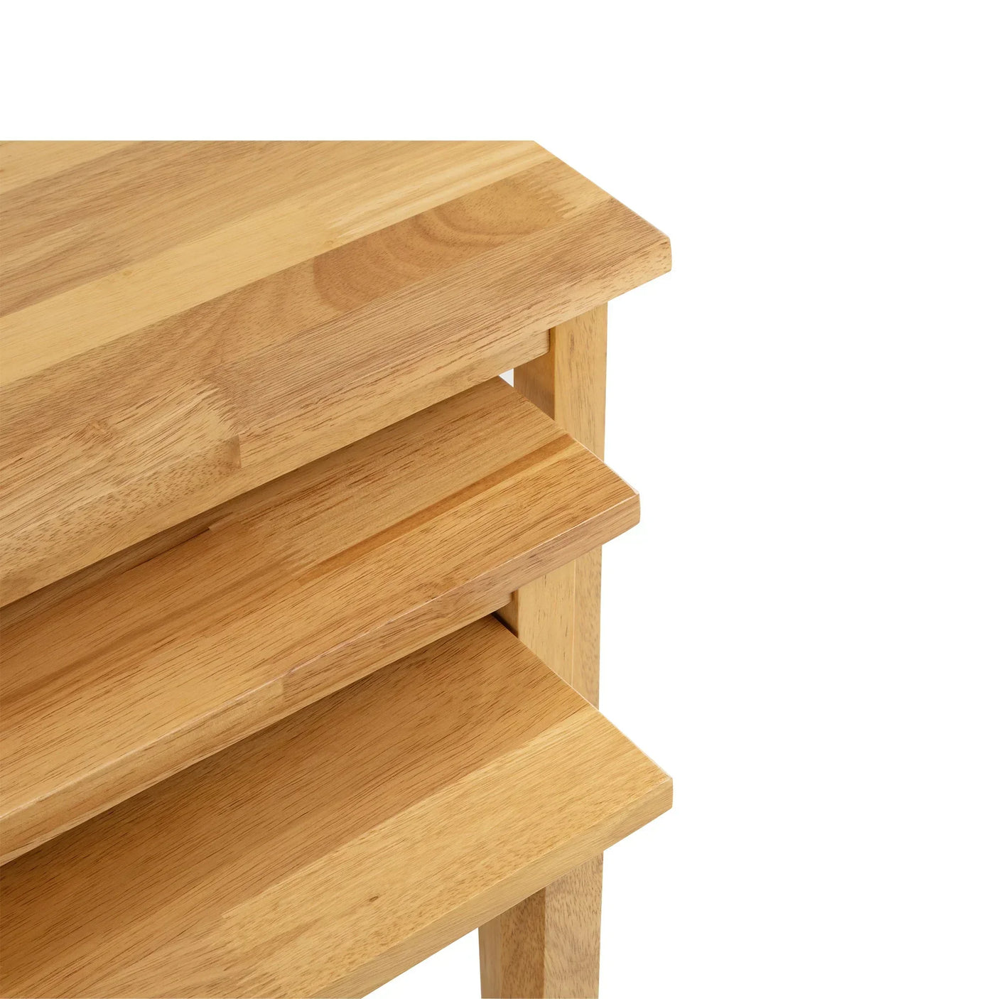 Oak nest of tables set with natural wood grain close-up detail